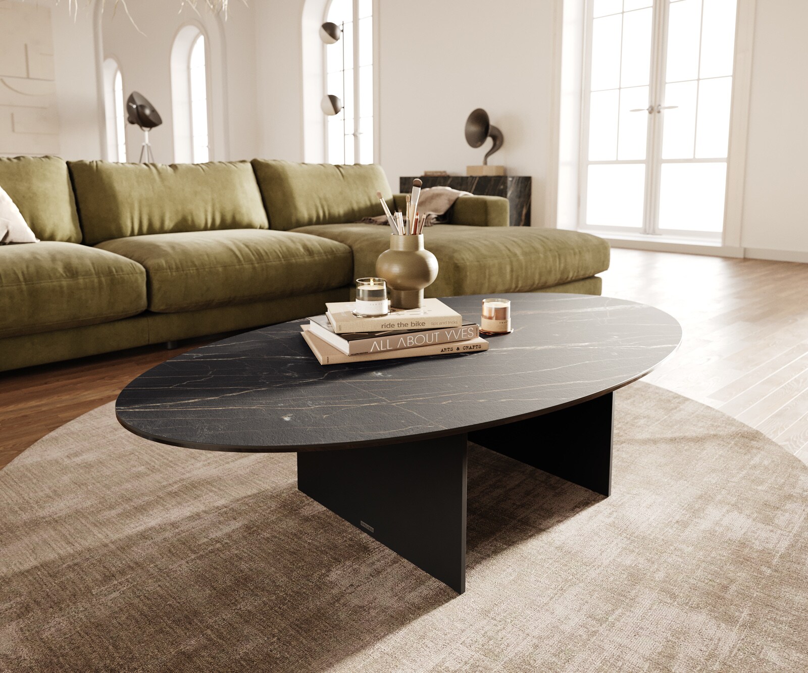 Couchtisch Edge Oval 140x80 cm Keramik Laminam® Noir Desir Braun Salto Metall Schwarz