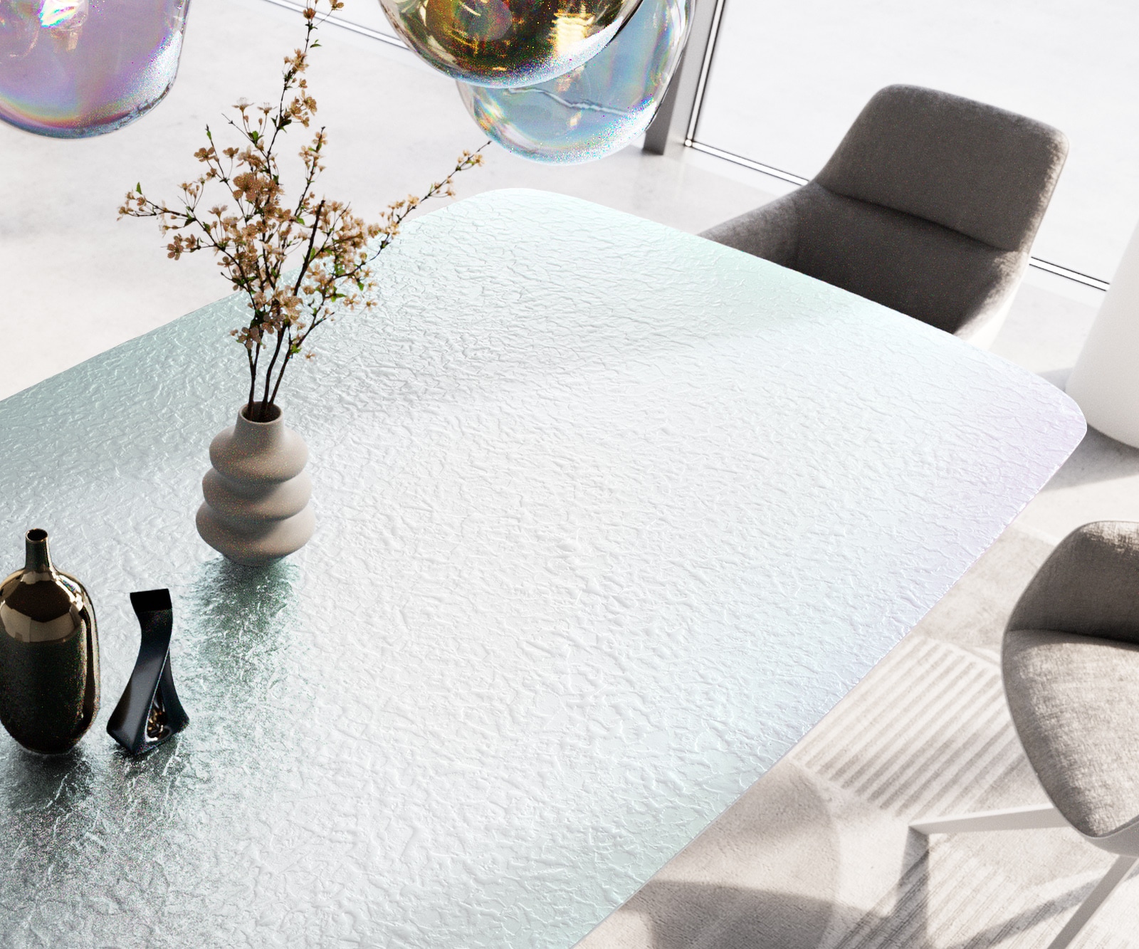 Table à manger Edge Boot 240x120 verre en relief Perlmutt 3D-Design Estelar rond métal blanc 4 Table à manger Edge Boot 240x120 verre en relief Perlmutt 3D-Design Estelar rond métal blanc 4