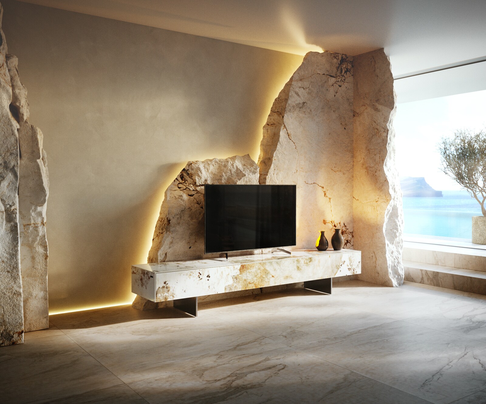 Meuble-TV Cuor 200 cm Céramique Minas Melange Blanc-beige 1 Clapet 1 Tiroir Pied optique flottant Ancier inoxydable 1