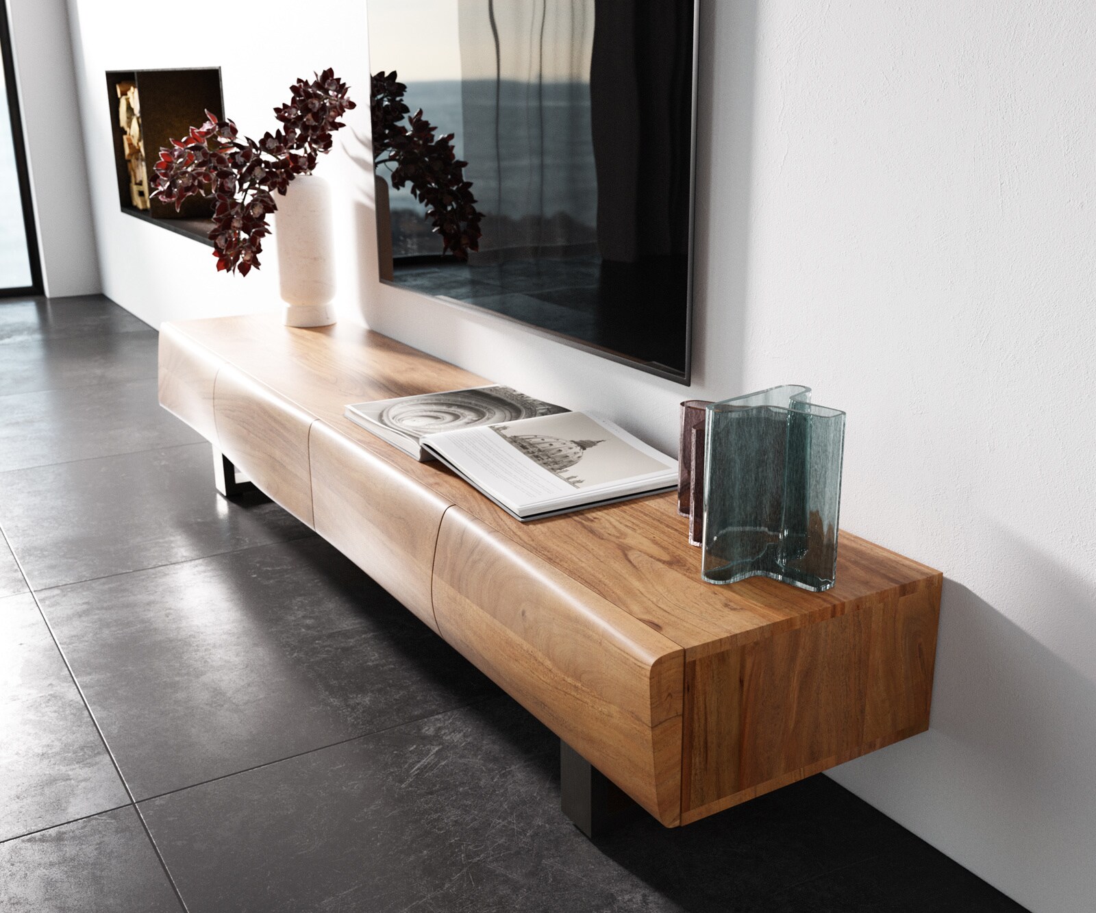Lowboard New Live-Edge 200 cm Akazie Natur 4 Türen Kufe Edelstahl gebürstet 2