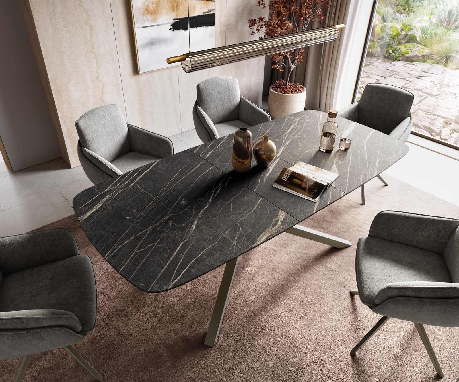 Esstisch Edge Boot 180-220x100 cm Laminam® Keramik Noir Desir Braun Kreuzgestell Rechteck Effektfinish Titan ausziehbar 3
