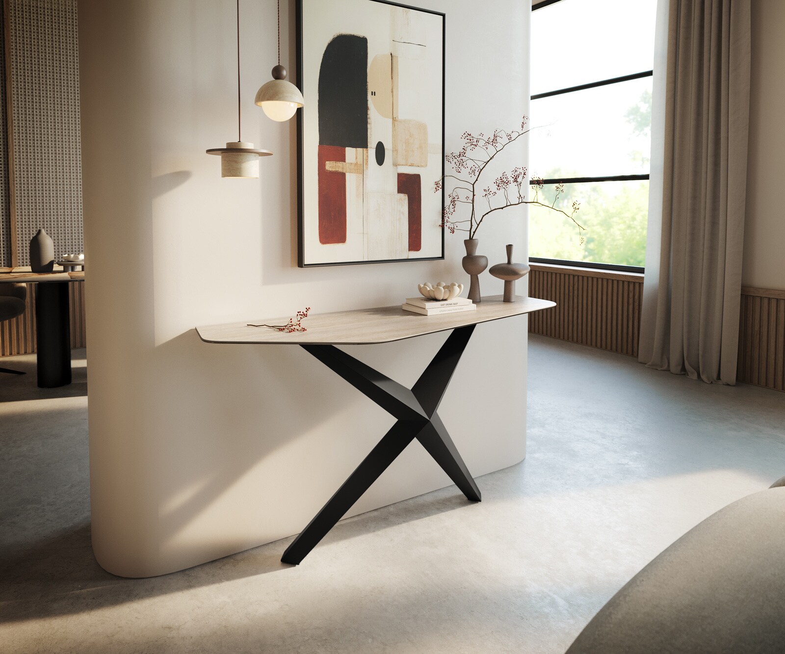 Konsolentisch Edge Polygonal 140x50 cm Keramik Laminam® Travertino Bianco Creme-Weiß Zentharo Metall Schwarz 1