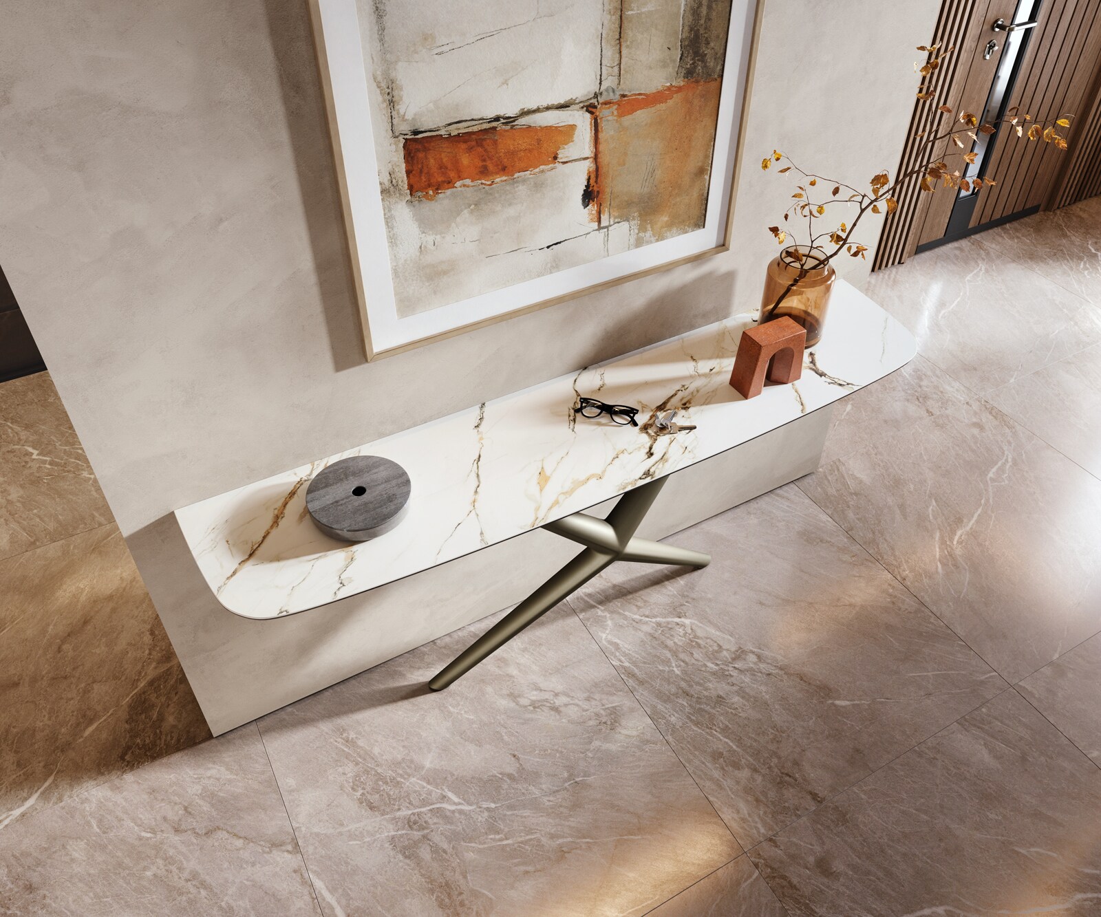 Console Edge forme bateau 180x40 cm Céramique Calacatta Luxe Weiß-Gold-Gris Estelo Métal Effektfinish Titan 1