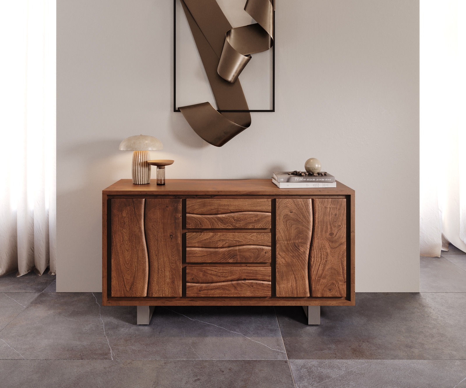 Sideboard Live-Edge 147 cm Akazie Braun 3 Schübe 2 Türen 1 Sideboard Live-Edge 147 cm Akazie Braun 3 Schübe 2 Türen 1