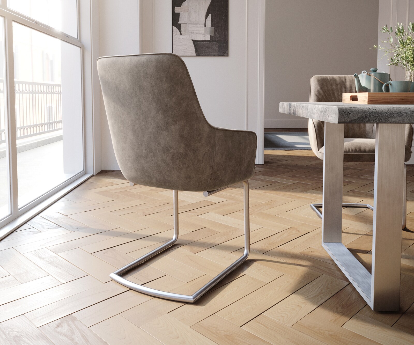 Cantilever Zelia-Flex avec accoudoirs microvelours taupe vintage pied cantilever rond acier inoxydable brossé ressorts ensachés 4