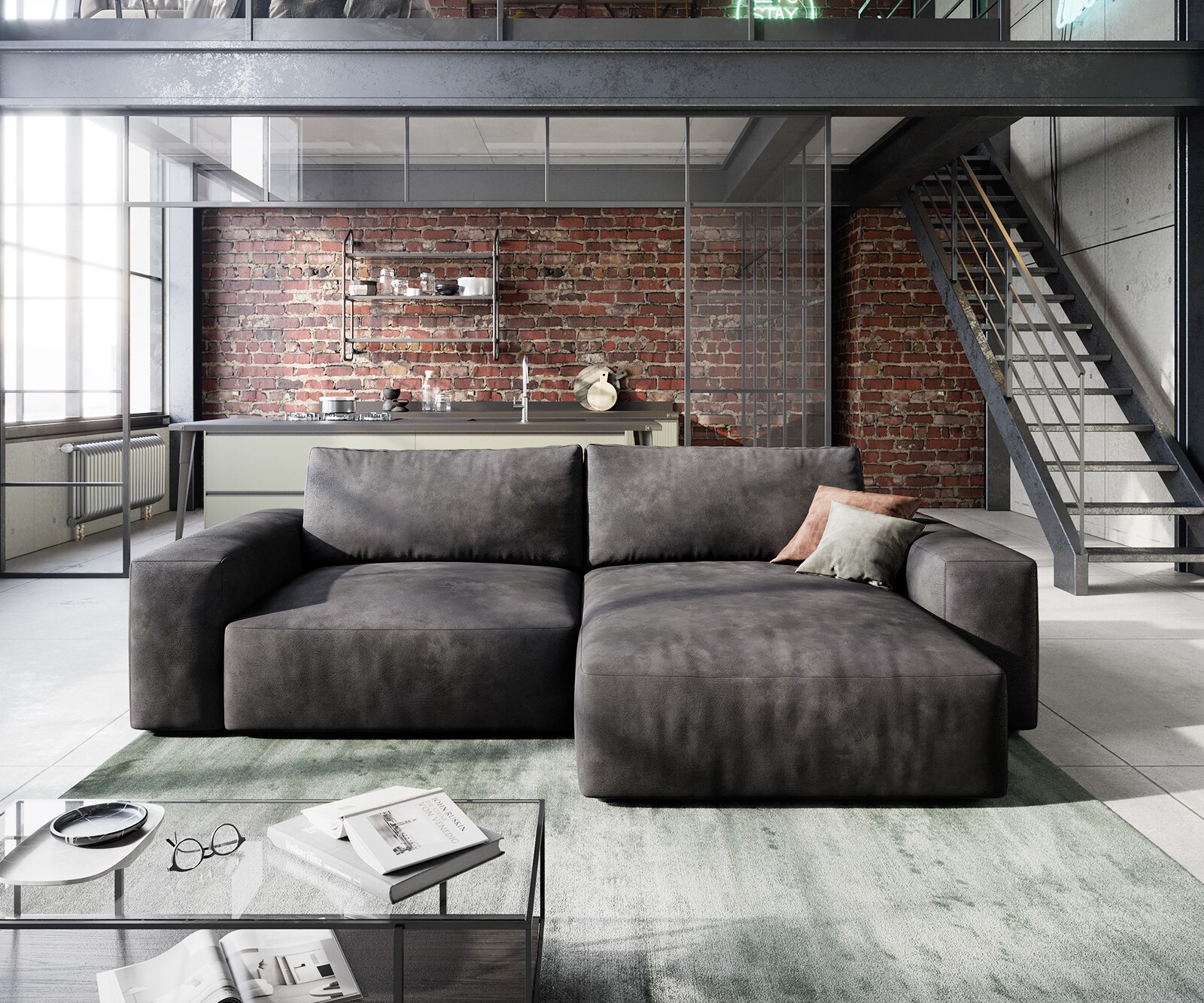 Canapé d’angle Lanzo 230x155 cm similicuir vintage anthracite méridienne réversible 1