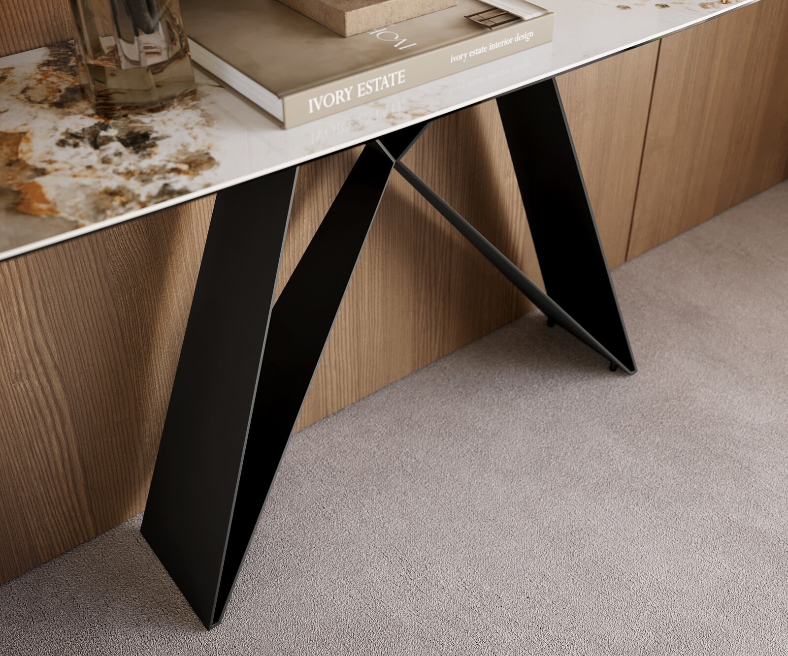Console Edge forme bateau 180x40 cm Céramique Minas Melange Weiß-Beige Velio Métal Noir 6