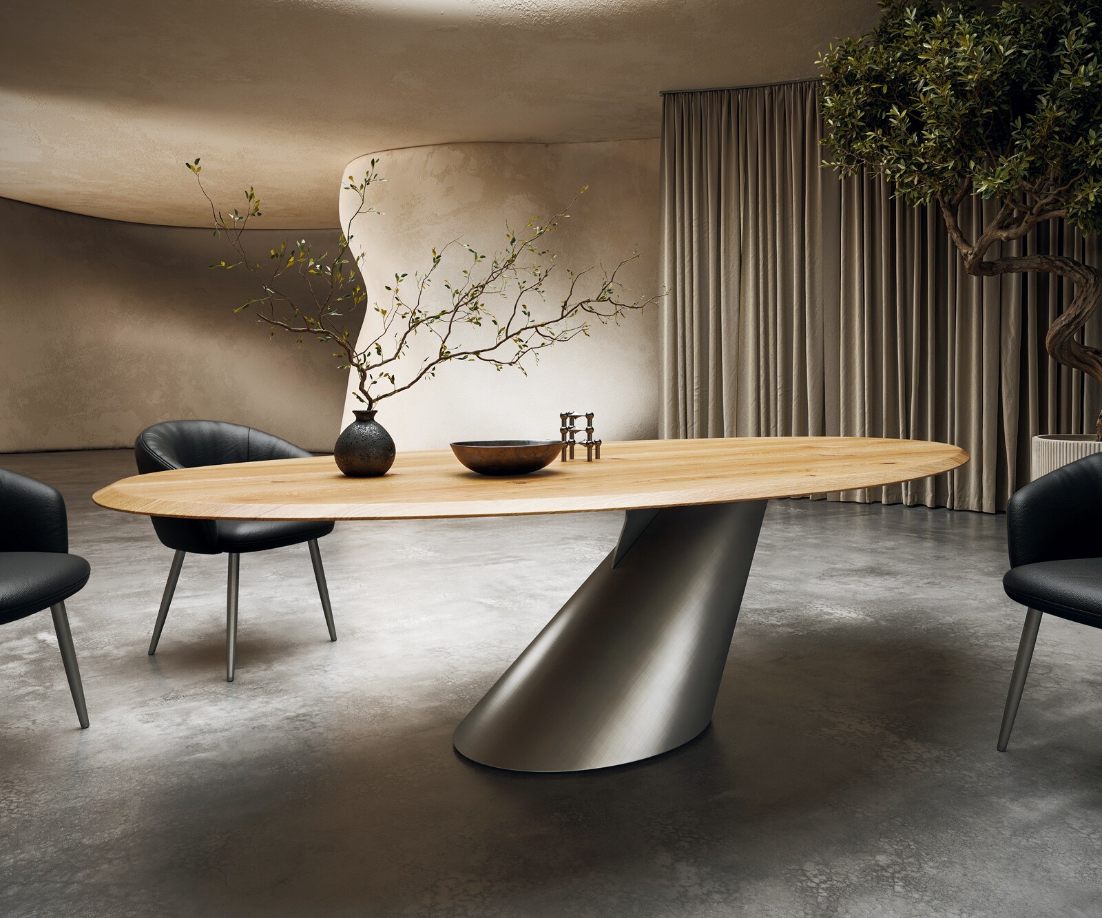 Table à manger Edge ovalee 280x130x2,5 chêne naturee Cono métallique argent Flow-Edge