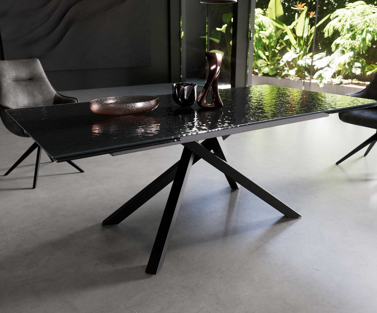 Esstisch Edge 200-300x100 Reliefglas Rauchschwarz 3D-Design Kreuzgestell Rechteck Schwarz ausziehbar 5