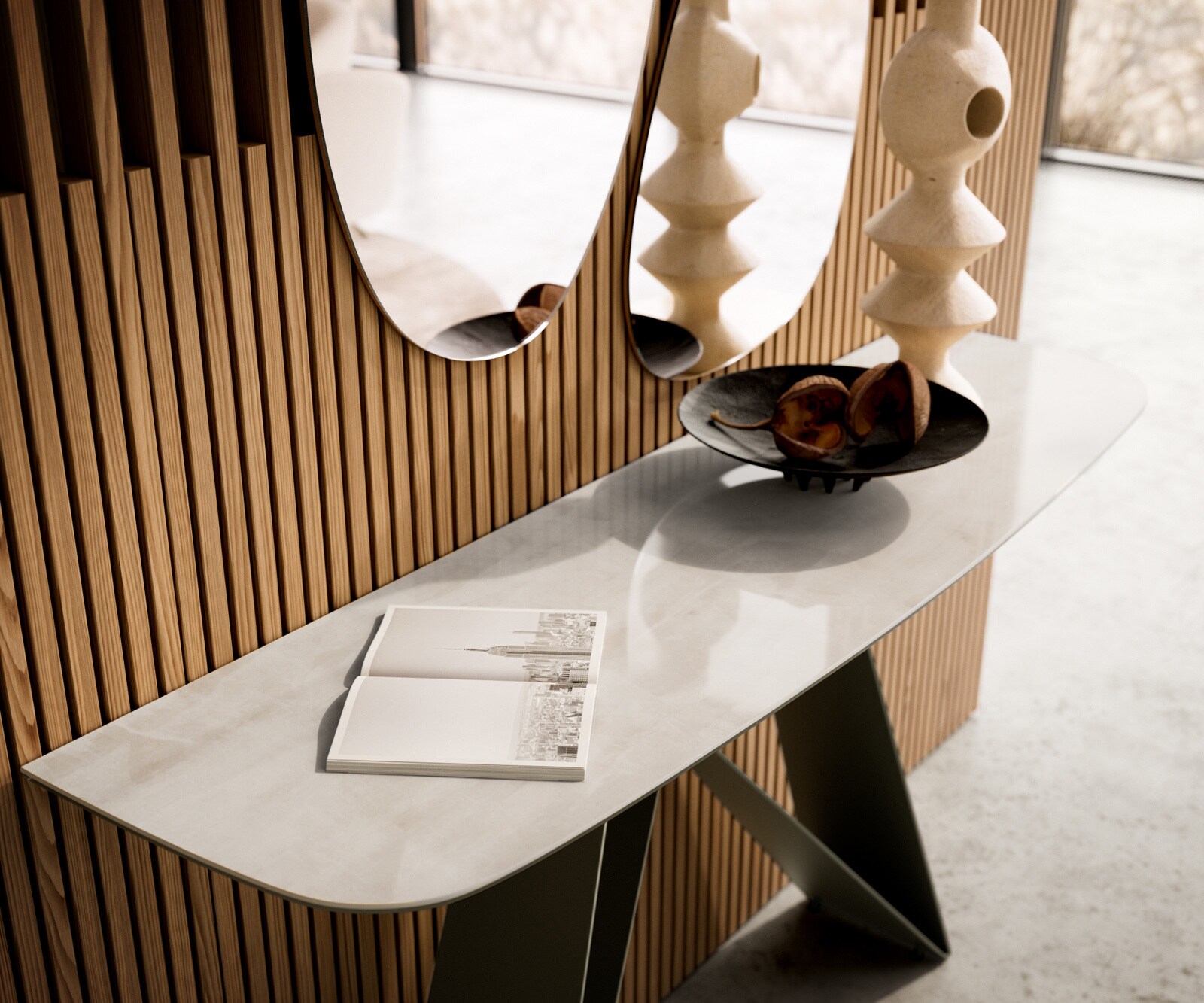 Konsolentisch Edge Boot 140x40 cm Keramik Onyx Champagne Velio Metall Effektfinish Titan 6