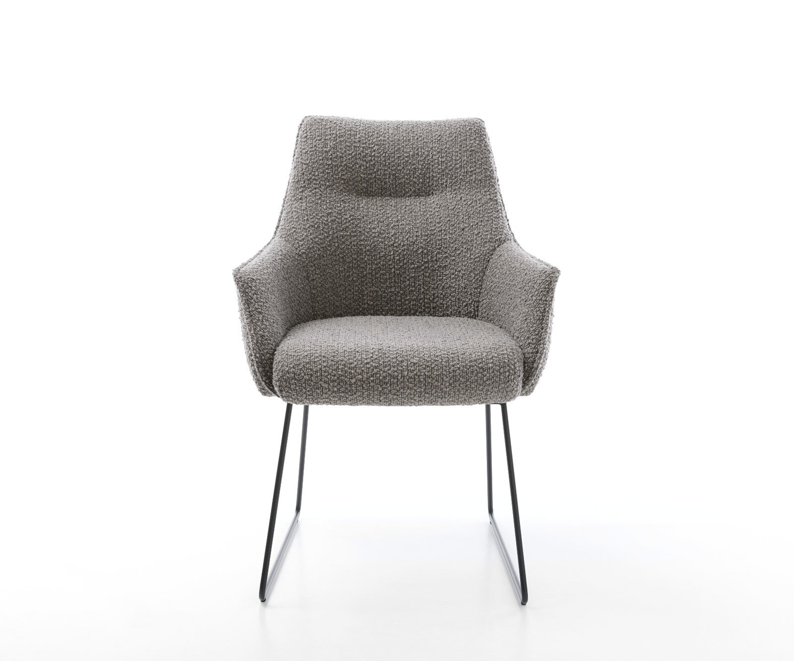 Chaise-de-salle-à-manger Alja-Flex avec accoudoirs bouclé gris argenté pied trapèze noir ressorts ensachés 2