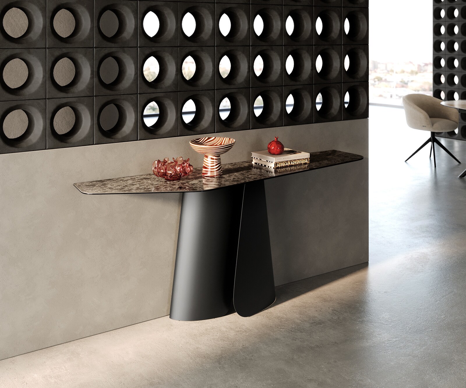 Console Edge Polygonal 180x50 cm Céramique Emperador Extra Lucidato Dunkelbraun Livos Métal Noir