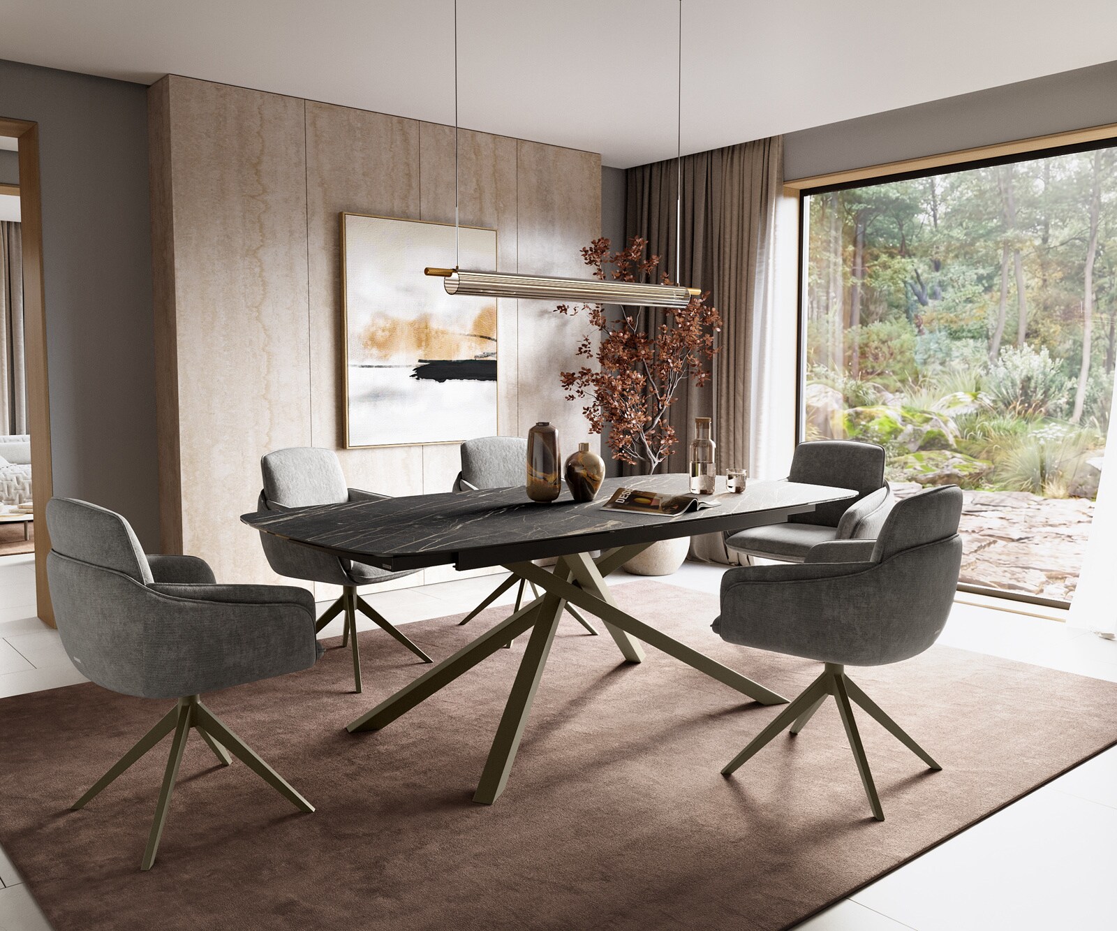 Esstisch Edge Boot 180-220x100 cm Laminam® Keramik Noir Desir Braun Kreuzgestell Rechteck Effektfinish Titan ausziehbar 5