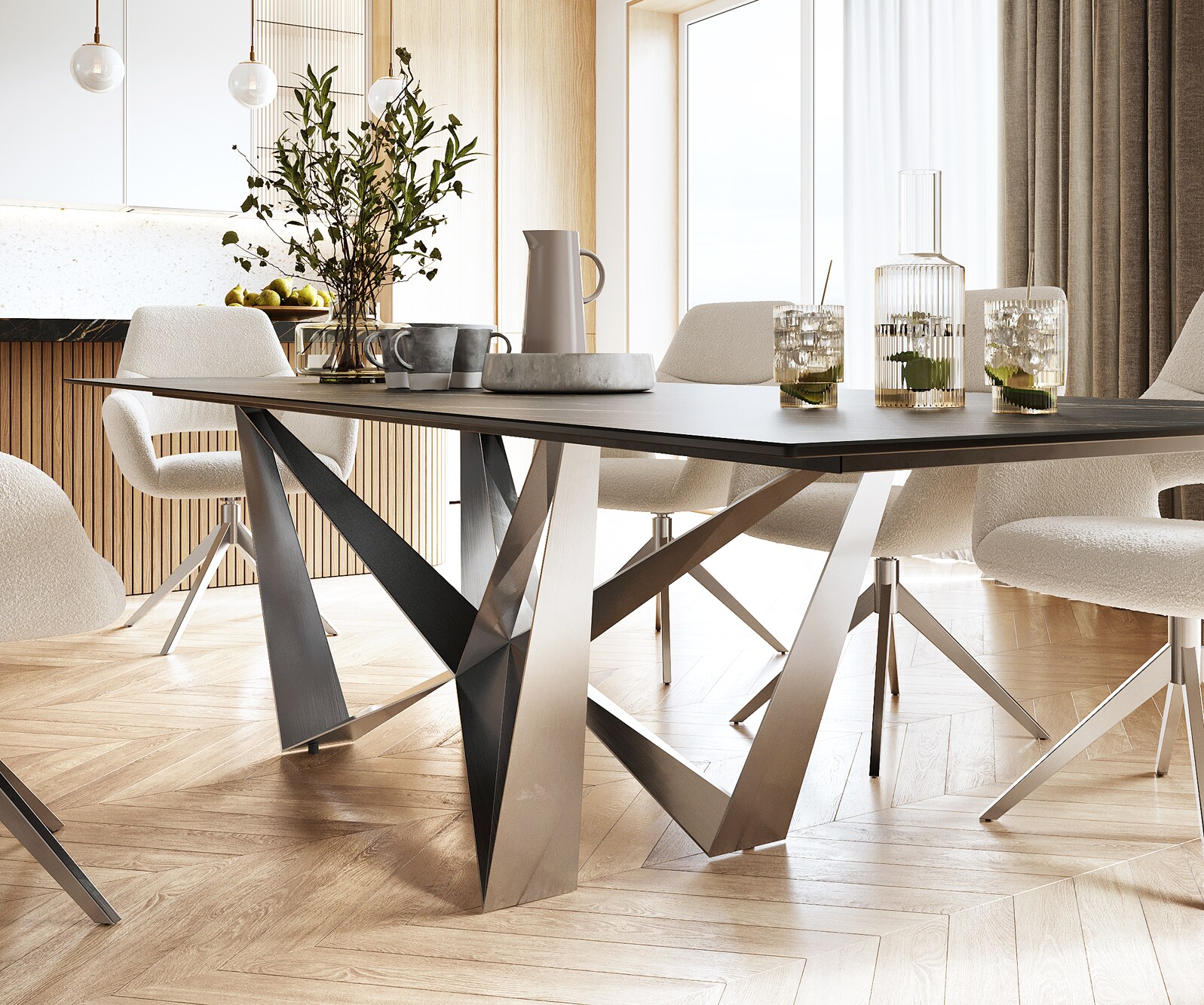 Table-à-manger Edge 300x100cm Laminam® céramique marron pieds milieu acier plat argent 4