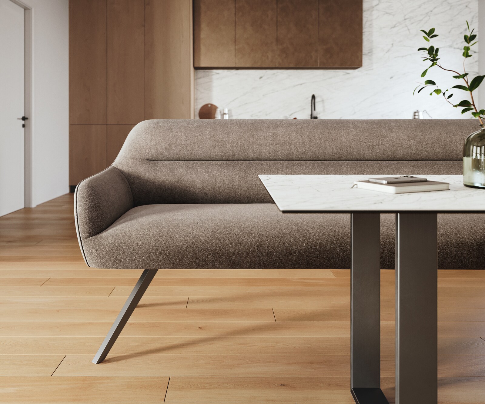 Esszimmerbank Taya-Flex 200 cm Strukturstoff Soft Taupe Kreuzgestell kantig Schwarz Taschenfederkern 1