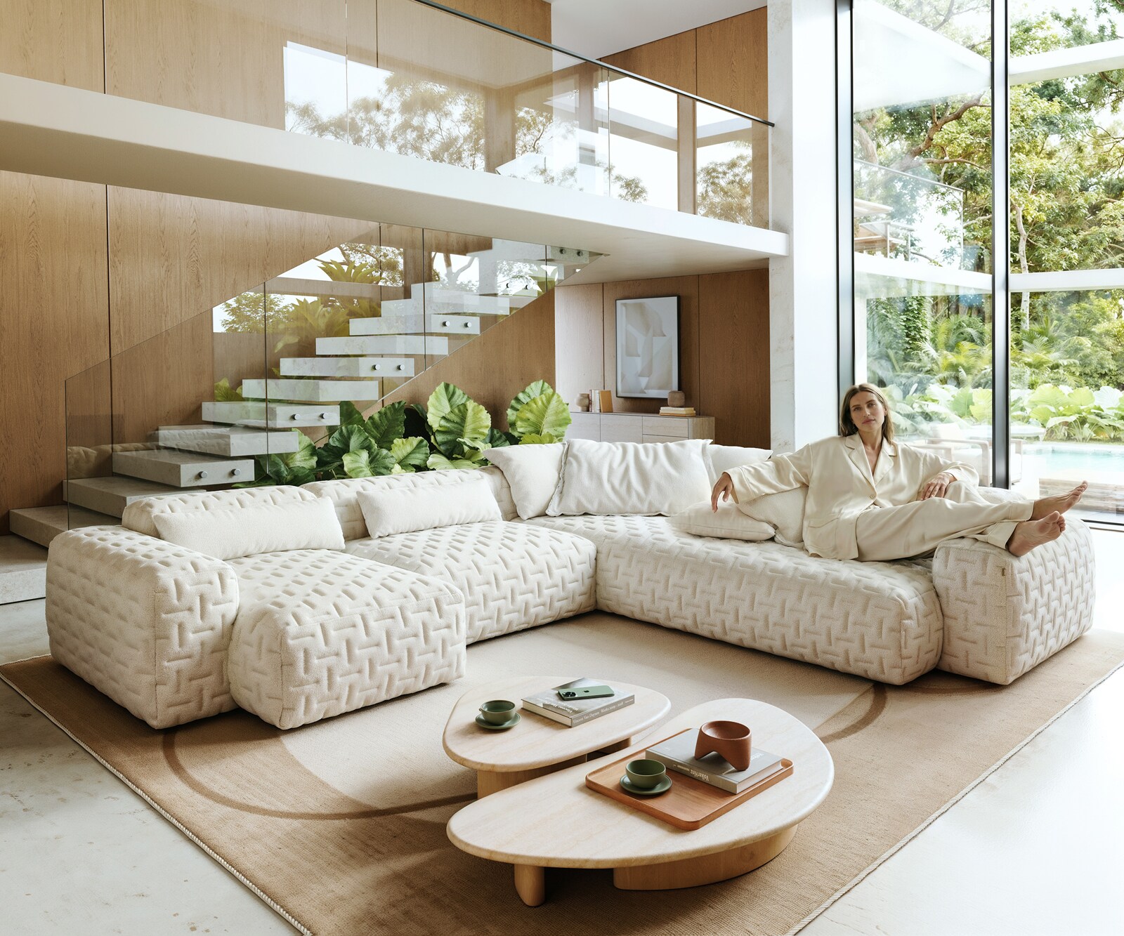 Wohnlandschaft Freestyle 360x290 cm Bouclé Soft Beige Gesteppt 1