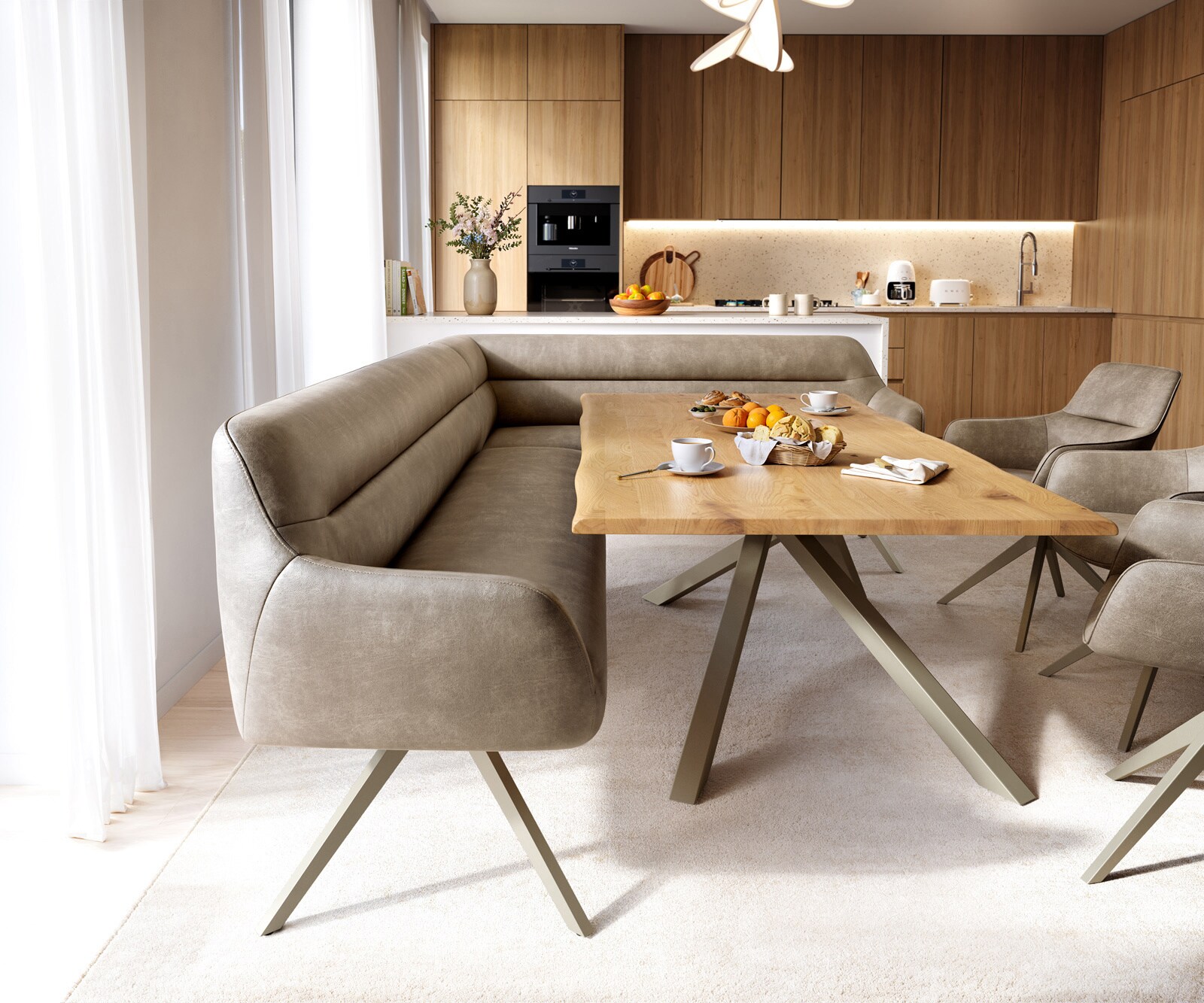 Esszimmerbank Taya-Flex 285x190 cm Mikrofaser Beige Vintage Kreuzgestell kantig Effektfinish Titan Taschenfederkern Links 1