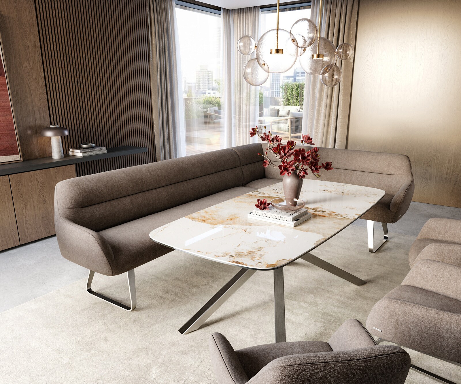 Esszimmerbank Taya-Flex 285x190 cm Strukturstoff Soft Taupe Kufengestell flach Edelstahl Taschenfederkern Links