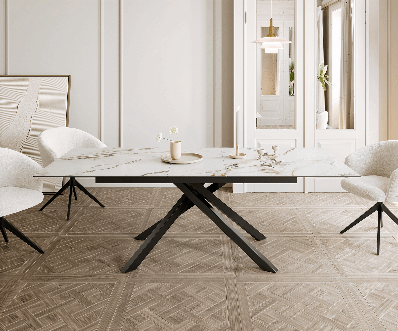 Esstisch Edge 180-220x100 Keramik Calacatta Luxe Weiß-Gold-Grau Kreuzgestell Rechteck Schwarz ausziehbar 1
