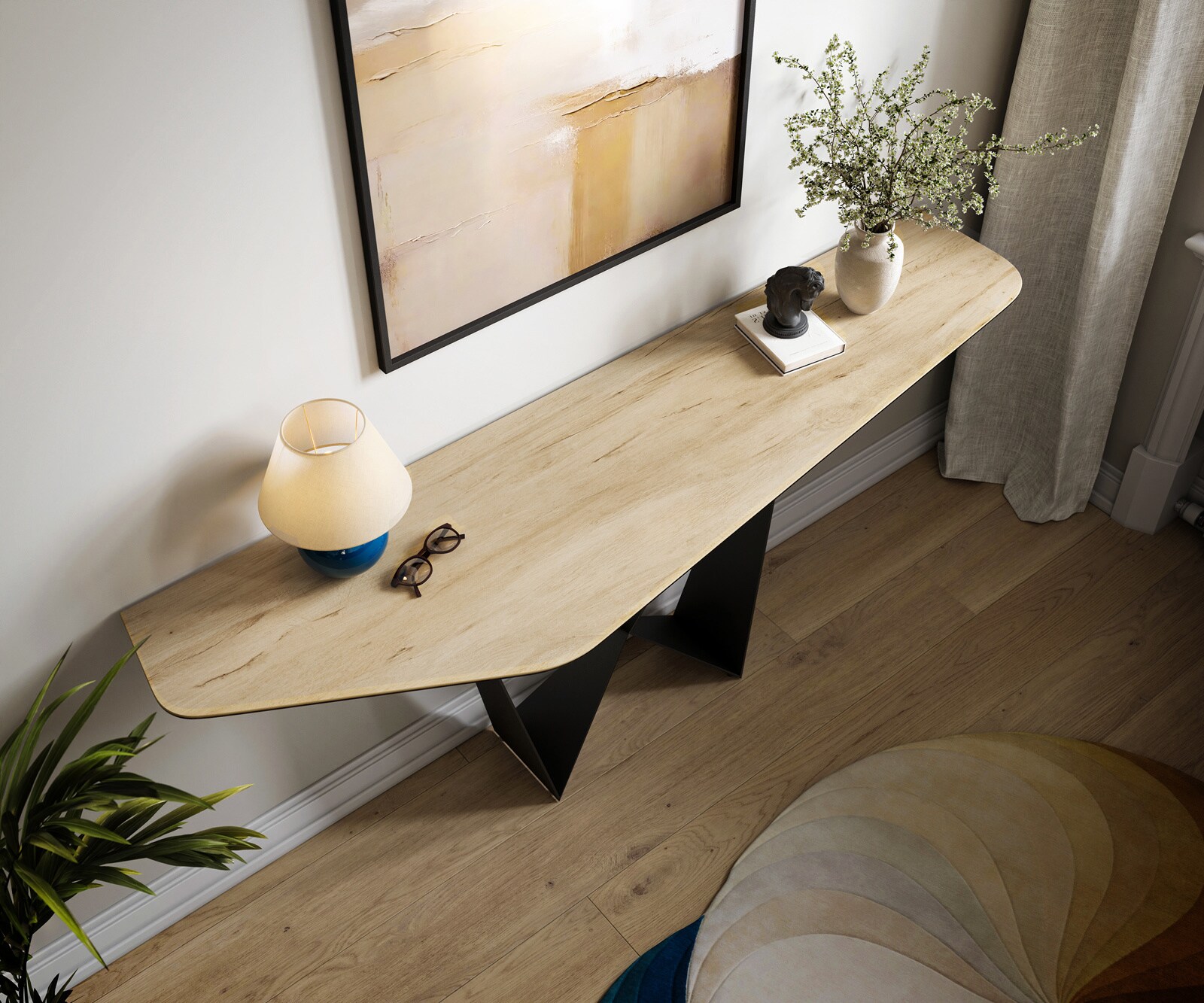 Konsolentisch Edge Polygonal 180x50 cm Keramik Laminam® Sabbia Eichefarbig Spios Metall Schwarz 1