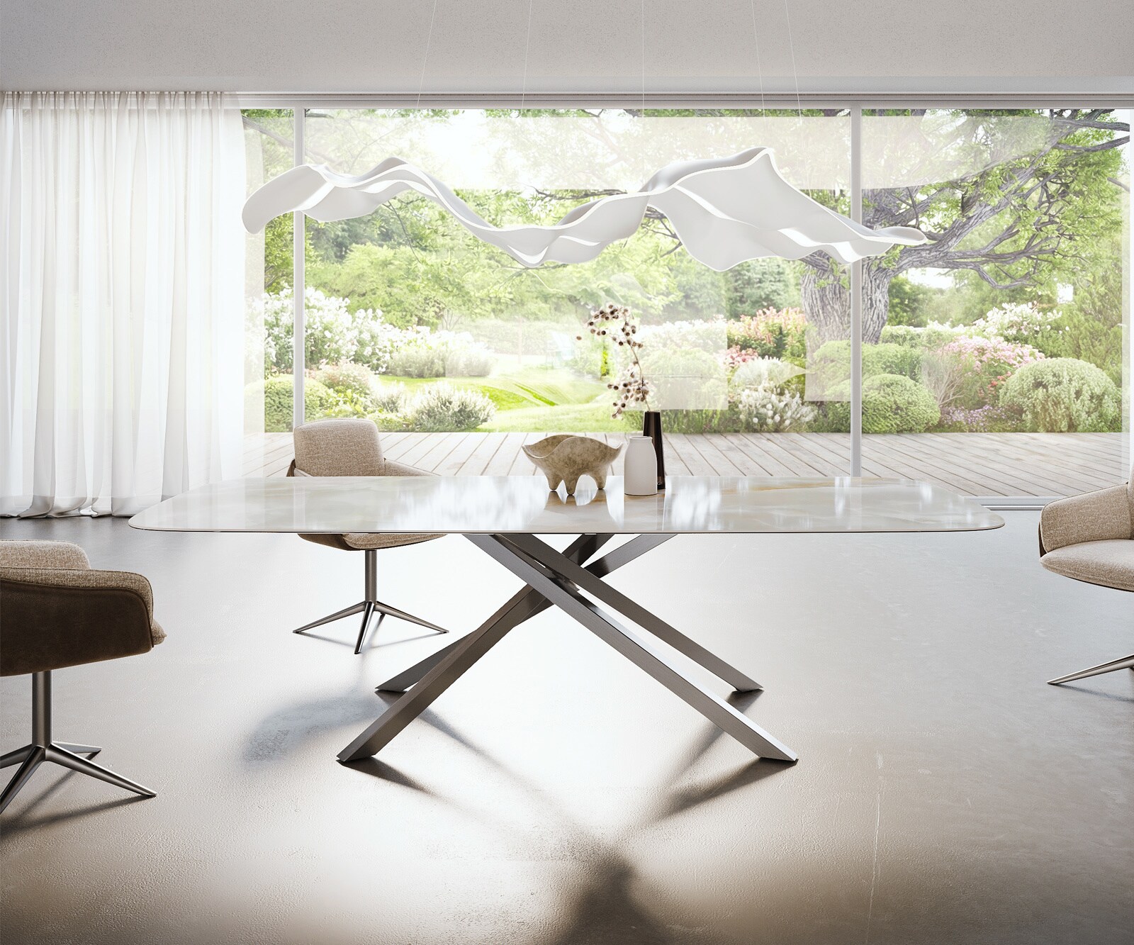 Esstisch Edge Boot 270x120 cm Keramik Iris FMG Onice Grigio Kreuzgestell Rechteck Edelstahl 1