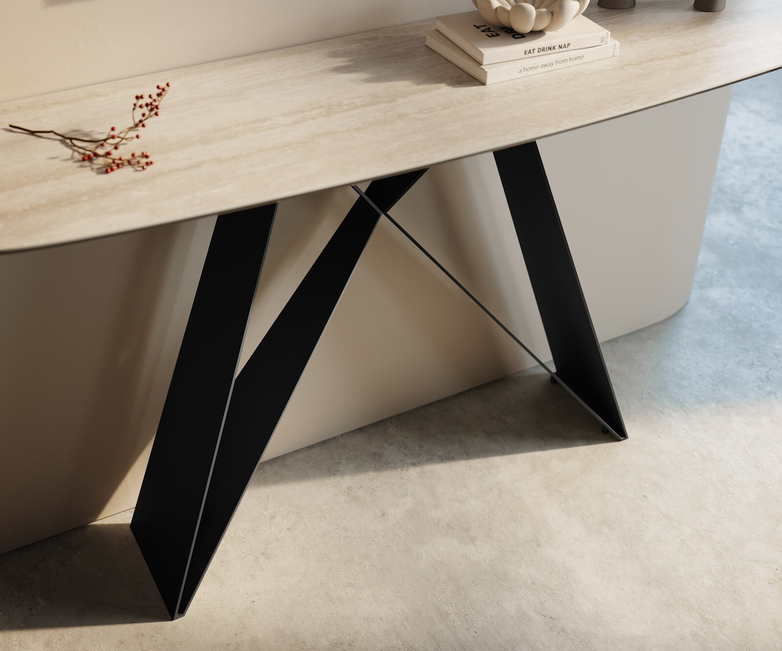 Console Edge forme bateau 140x40 cm Céramique Laminam® Travertino Bianco Creme-Weiß Velio Métal Noir 6