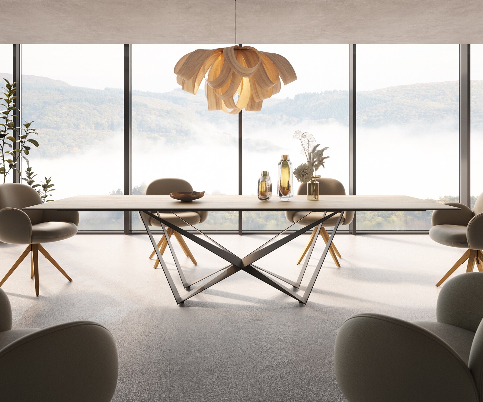 Esstisch Edge 300x100 Keramik Laminam® Sabbia Eichefarbig Spider Flachstahl Schwarz 2