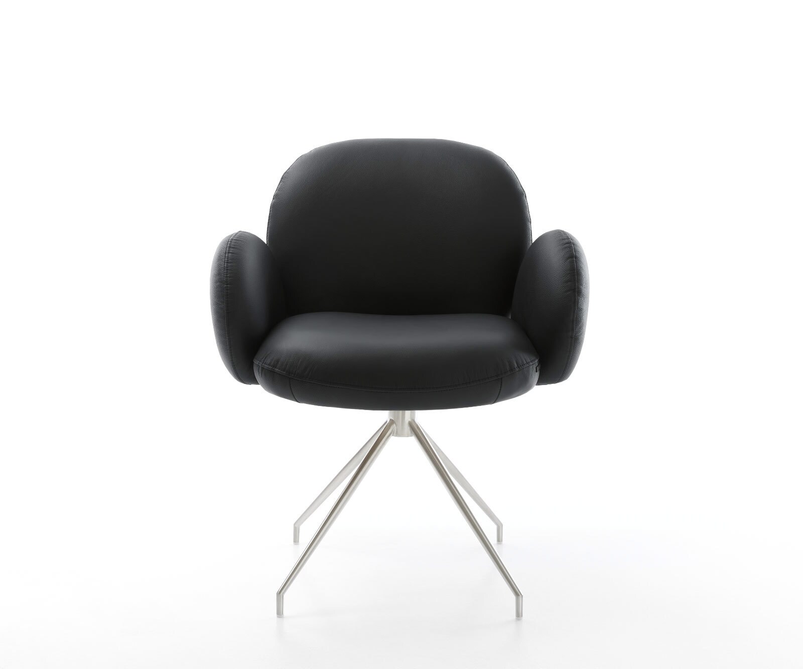 Chaise-pivotante Nube-Flex avec accoudoirs cuir de vache noir pied croisé conique acier inoxydable brossé pivotement sur 180° ressorts ensachés 2