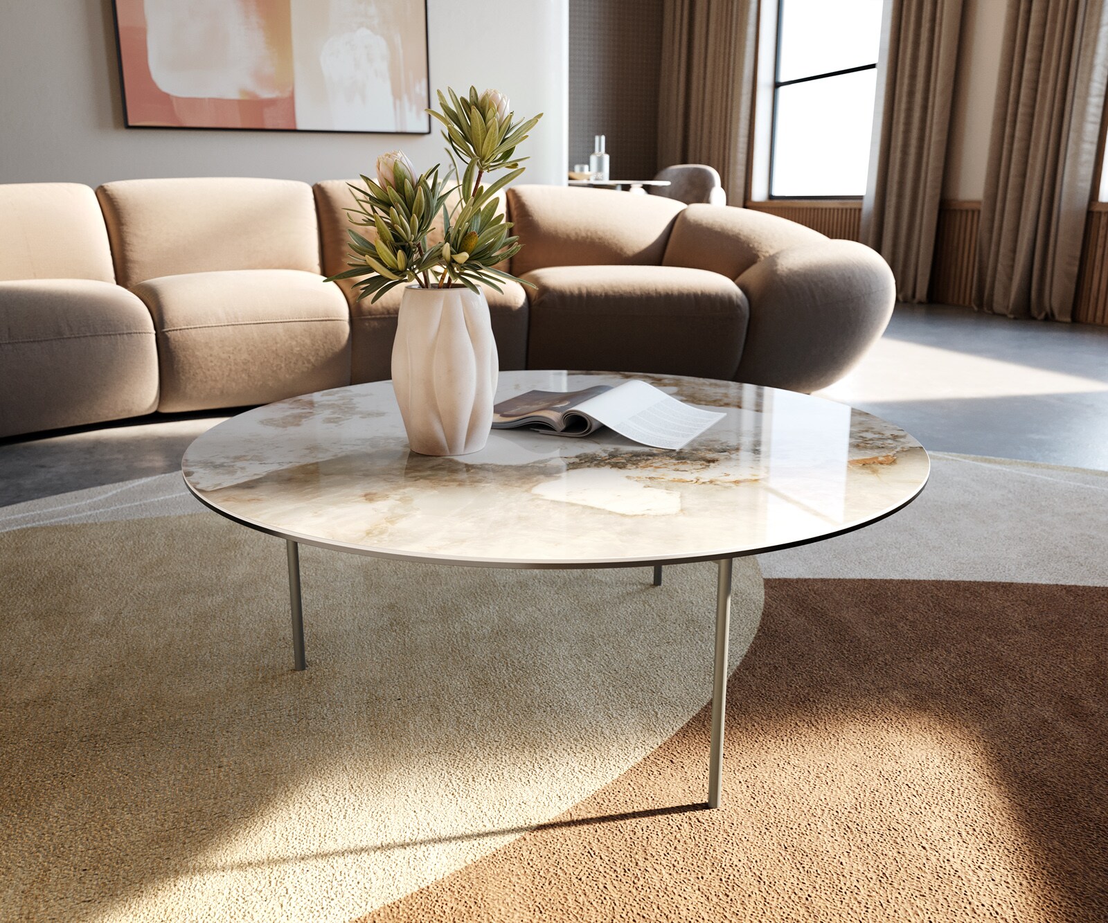 Table basse Edge rond 90x90 cm céramique Minas Melange Trive Metall finition effet titane