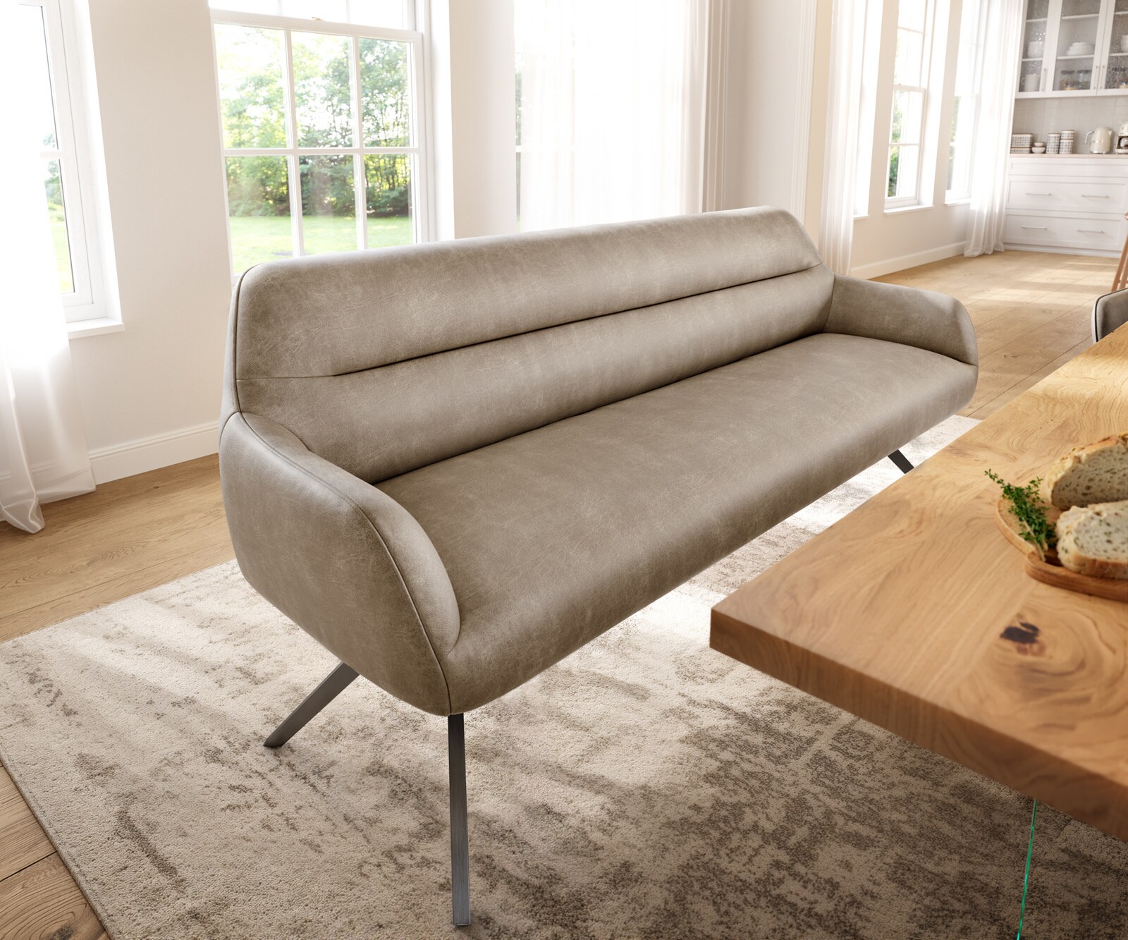 Esszimmerbank Taya-Flex 200 cm Mikrofaser Beige Vintage Kreuzgestell kantig Graphit Taschenfederkern