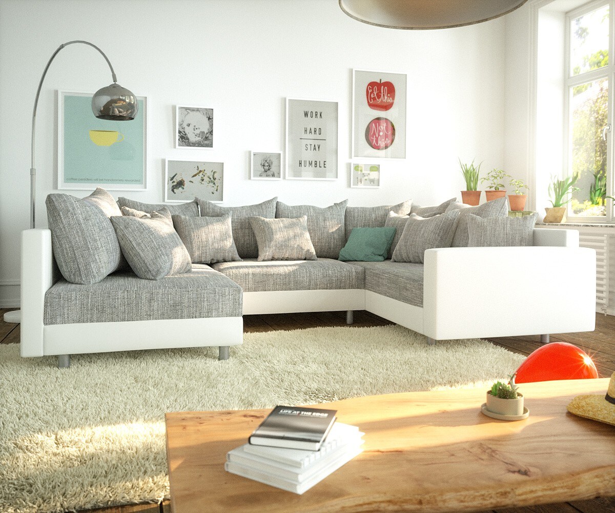 Wohnlandschaft Clovis Weiss Hellgrau Modulsofa Armlehne 