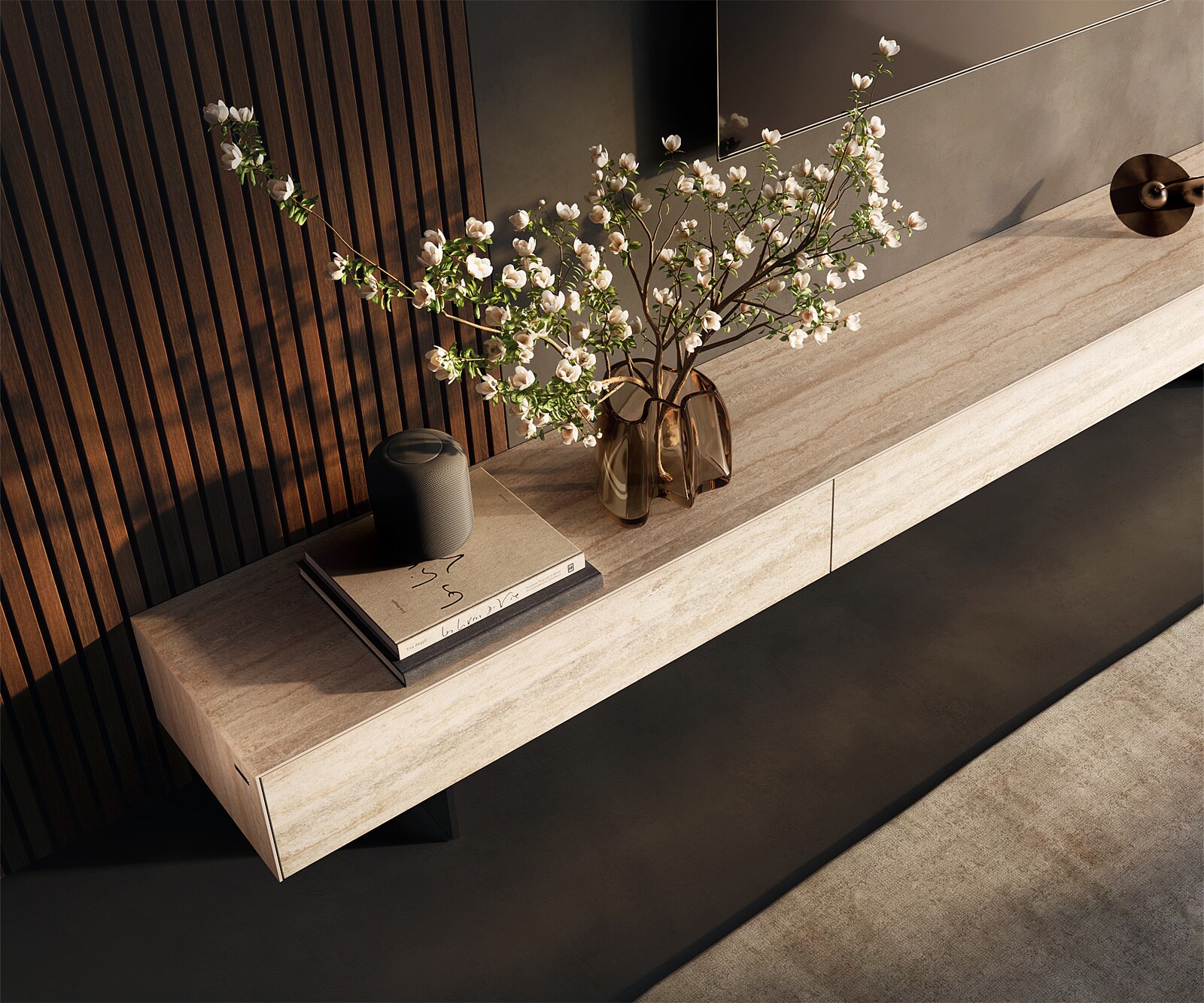 Meuble-TV Cuor 250 cm Céramique Laminam® Travertino Bianco Crème-blanc 1 Clapet 1 Tiroir Pied optique flottant Métal Noir 4