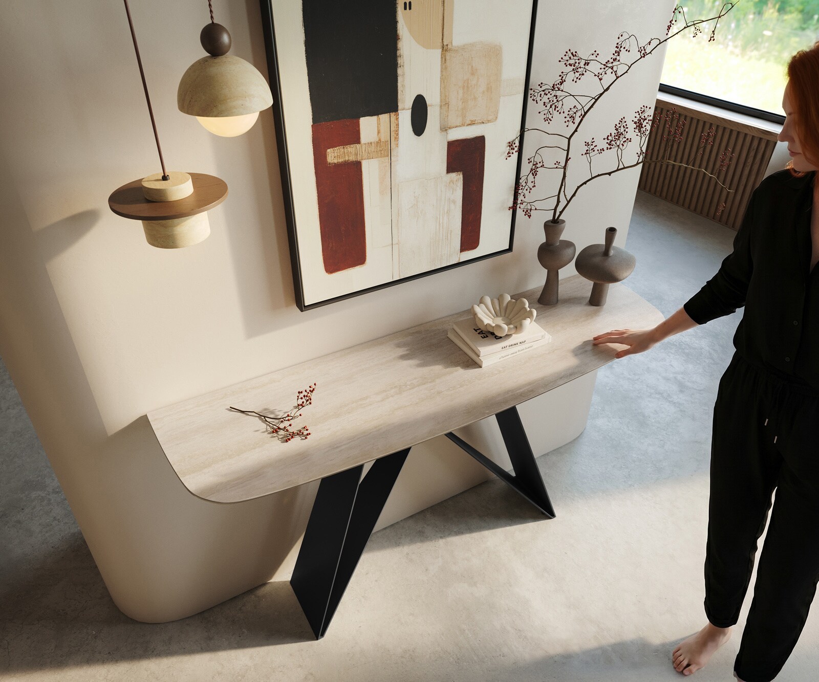 Console Edge forme bateau 140x40 cm Céramique Laminam® Travertino Bianco Creme-Weiß Velio Métal Noir 2