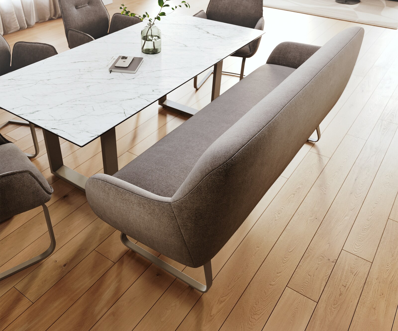 Esszimmerbank Taya-Flex 200 cm Strukturstoff Soft Taupe Kufengestell flach Effektfinish Titan Taschenfederkern 3