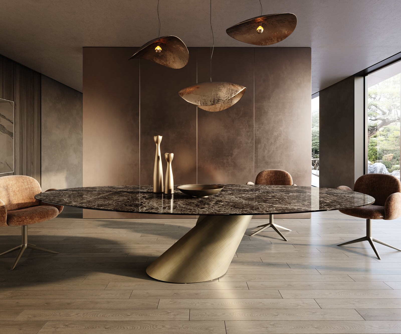 Table de salle à manger Edge Ovale 315x150 cm Céramique Emperador Extra Lucidato Brun foncé Cono Métallique Or 1