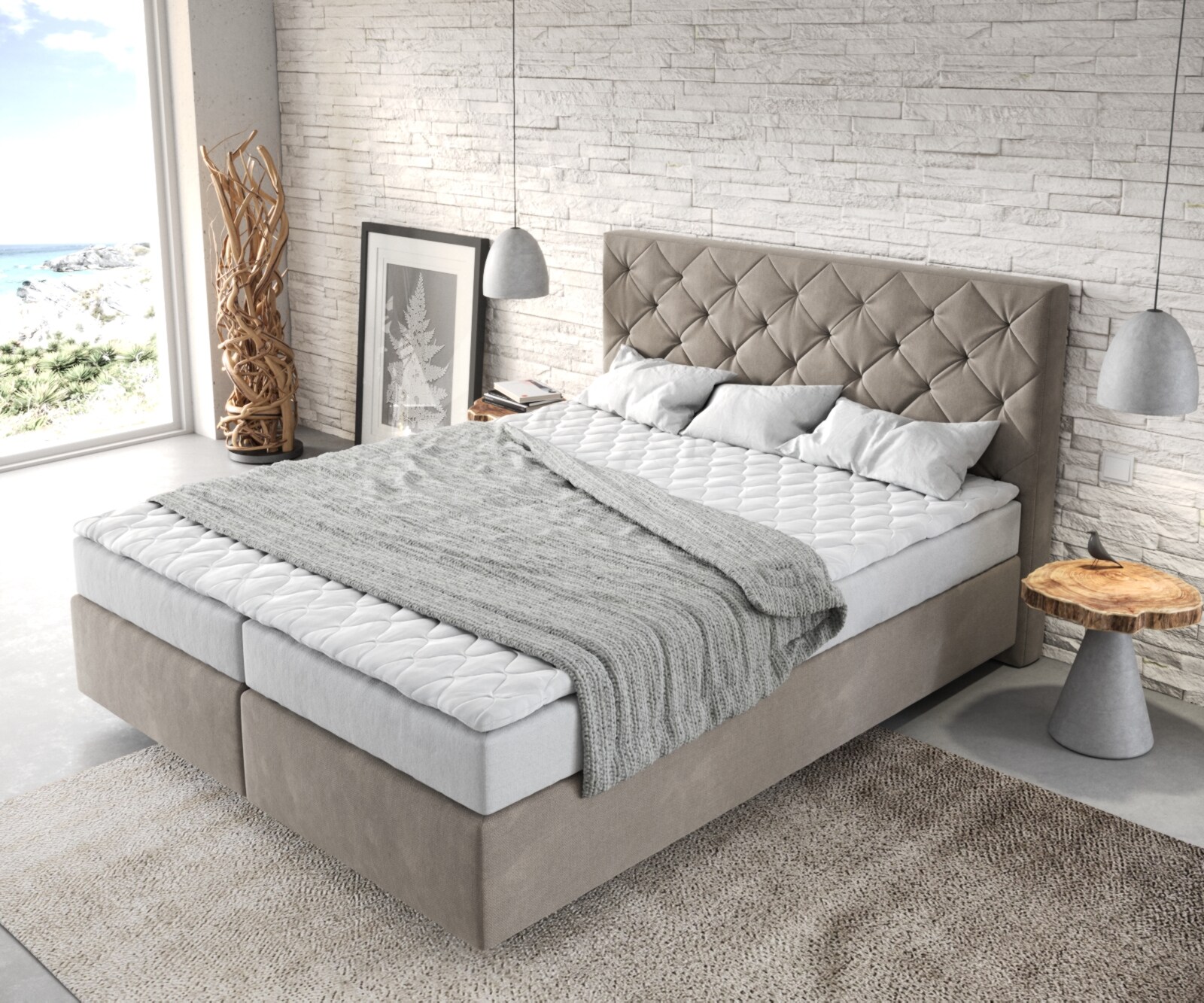Boxspringbett Dream-Great 160x200 cm Mikrofaser Beige mit Matratze und Topper 3