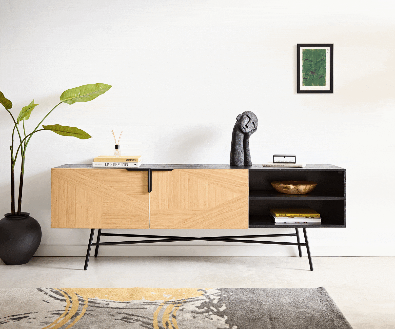 Sideboard Mikkusu 175 cm Bambus Natur Mango Schwarz 2 Türen 2 Fächer Metall Schwarz 2
