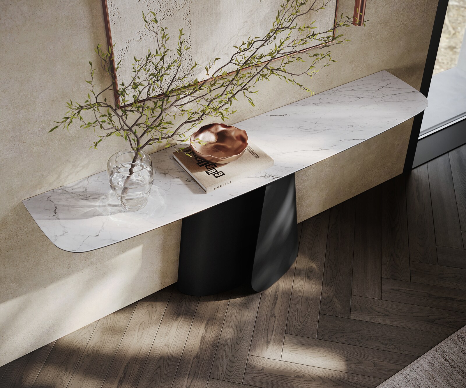 Console Edge forme bateau 180x40 cm Céramique Laminam® Statuarietto Weiß Livos Métal Noir 1