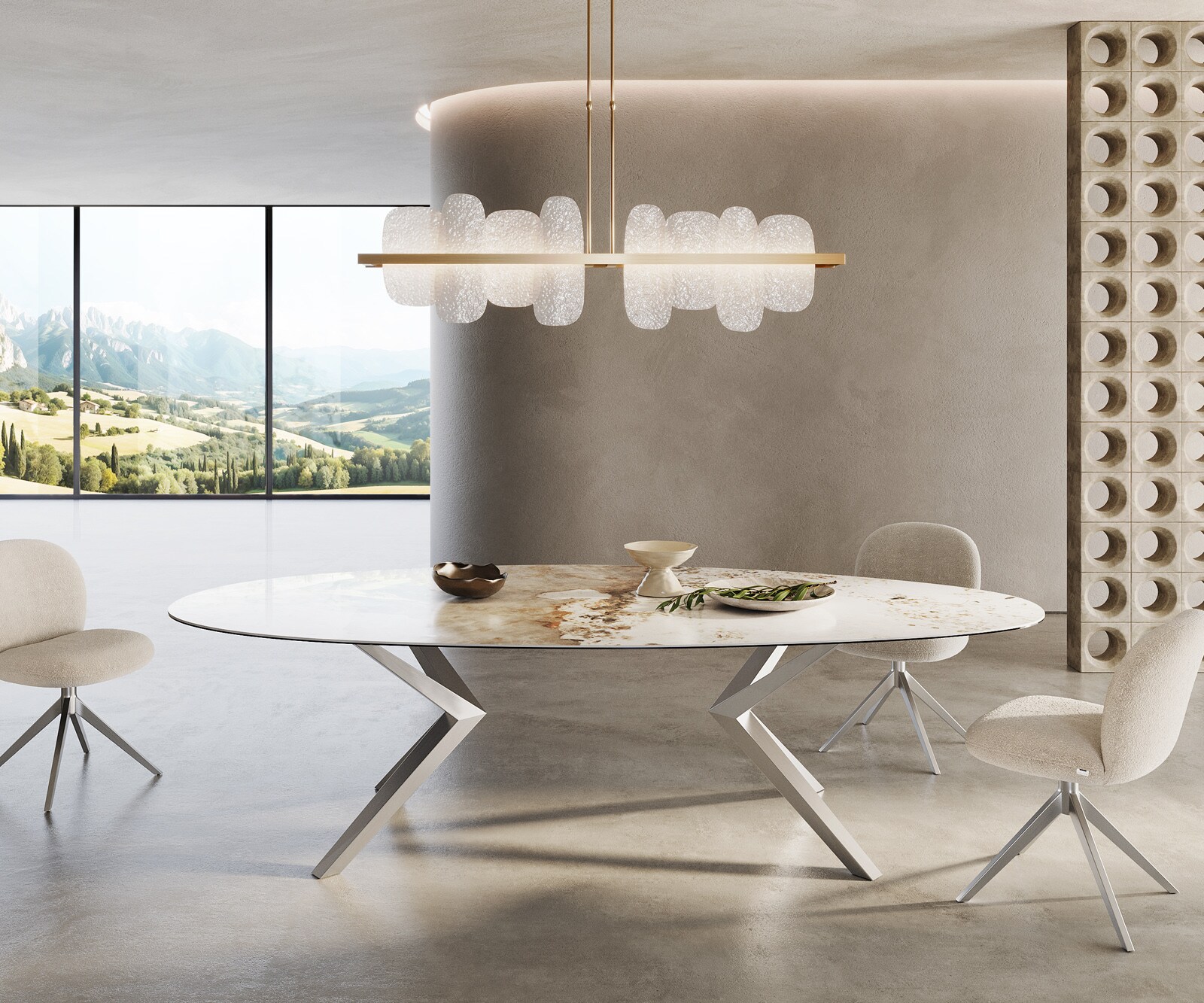 Table à manger Edge Ovale 280x130 Céramique Minas Melange Blanc-Beige Zenthara anguleux Acier inoxydable