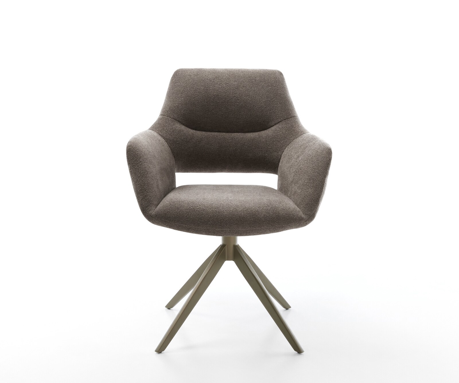 Chaise-pivotante Yago-Flex avec accoudoirs tissu structuré doux taupe pied croisé large aspect titane pivotement sur 360° fonction bascule ressorts ensachés 1