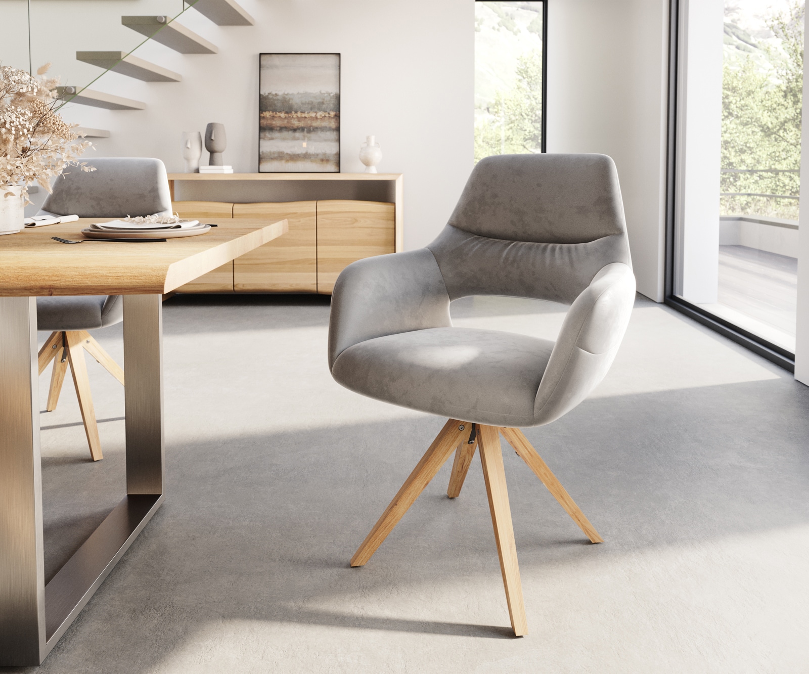 Esszimmerstuhl Yago-Flex mit Armlehnen Samt Grau Holzgestell kantig Natur Taschenfederkern Esszimmerstuhl Yago-Flex mit Armlehnen Samt Grau Holzgestell kantig Natur Taschenfederkern