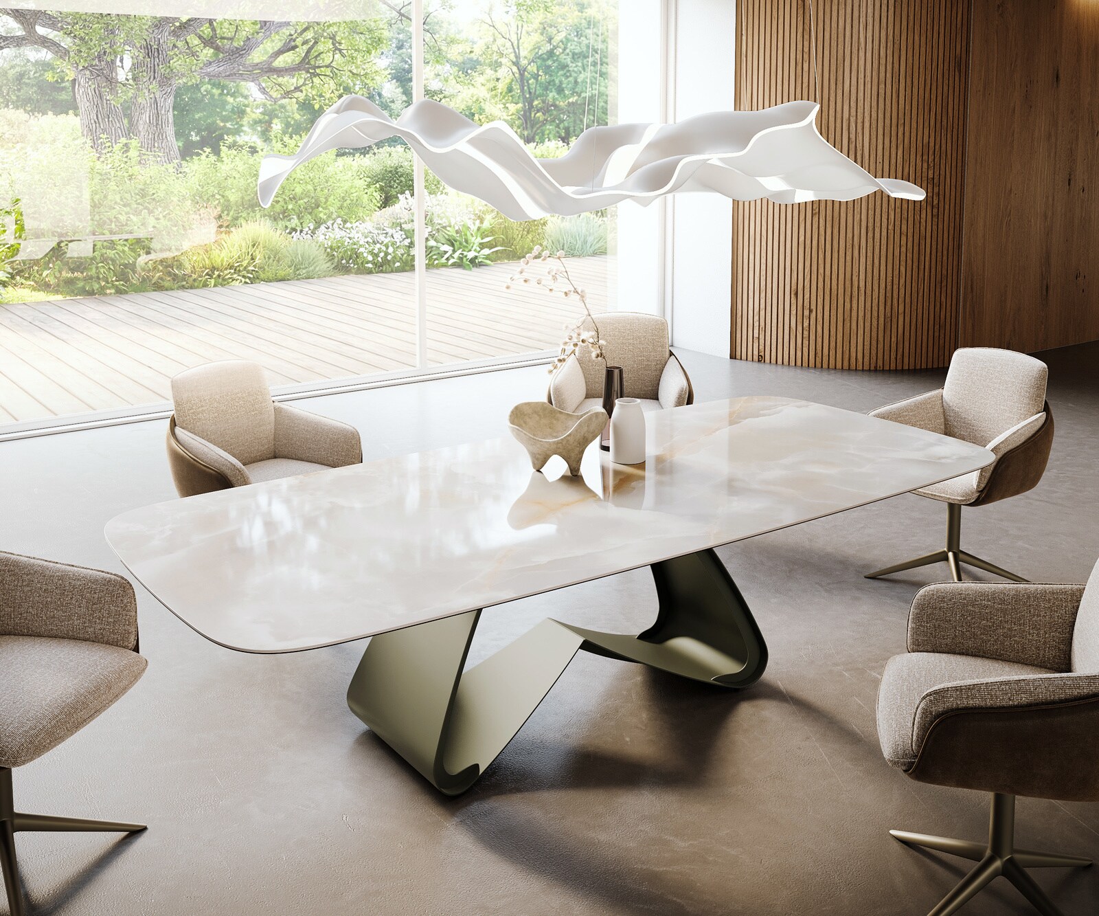 Esstisch Edge Boot 270x120 cm Keramik Iris FMG Onice Grigio W-Gestell Metall Effektfinish Titan