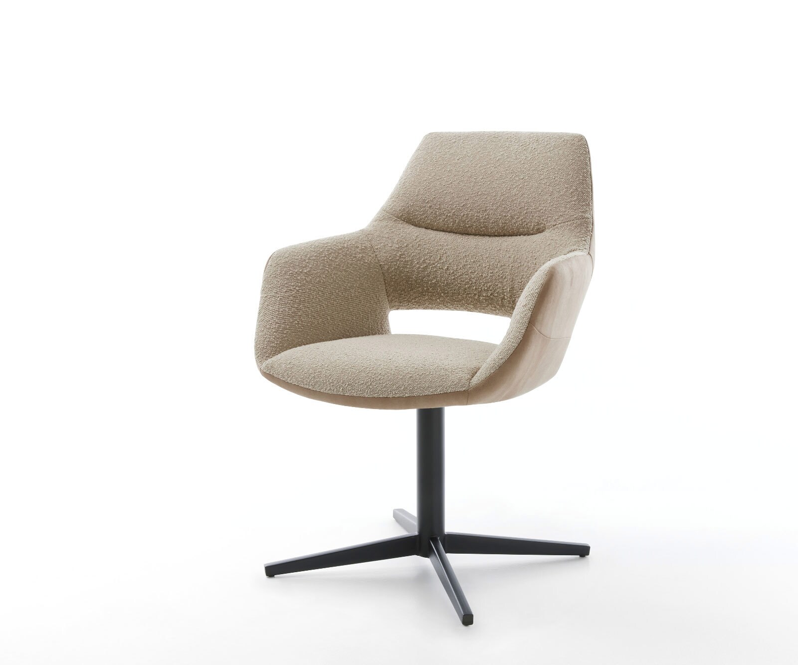 Chaise-pivotante Yago-Flex avec accoudoirs tissu mixte couleur boue pied de chaise 4 branches noir pivotement sur 360° ressorts ensachés
