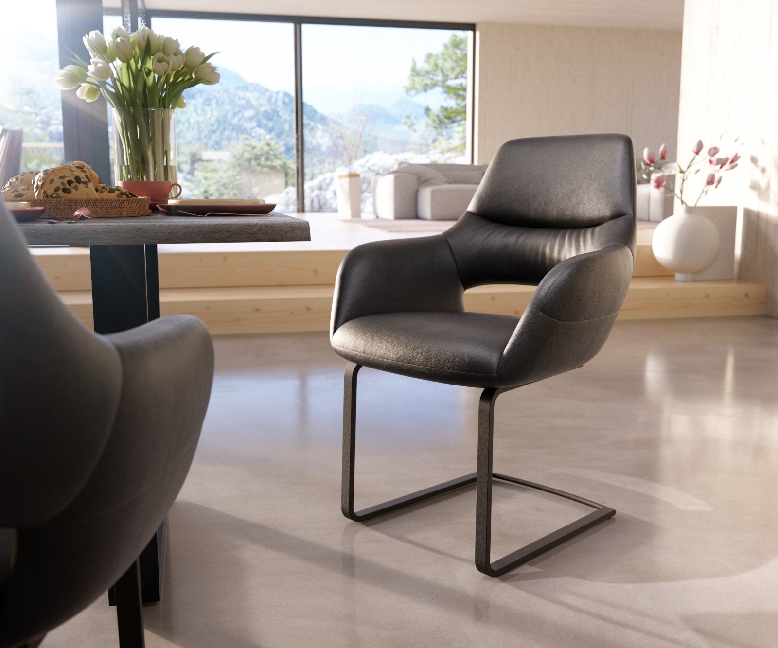 Freischwinger Yago-Flex mit Armlehnen Echt-Leder Schwarz Freischwinger flach Schwarz Taschenfederkern Freischwinger Yago-Flex mit Armlehnen Echt-Leder Schwarz Freischwinger flach Schwarz Taschenfederkern