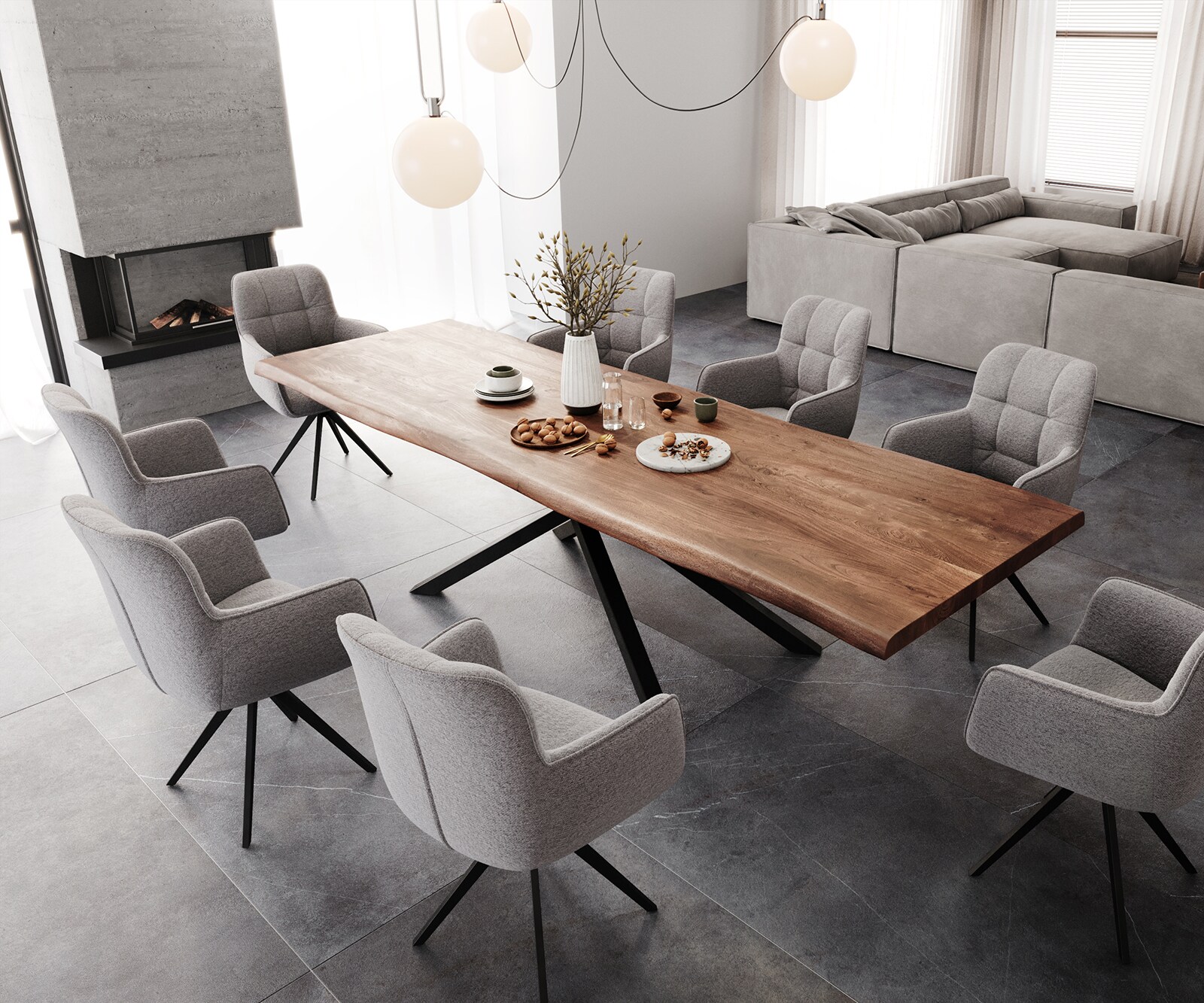 Table à manger Edge 300x100 XL acacia marron cadre croisé rectangle noir Live-Edge 6