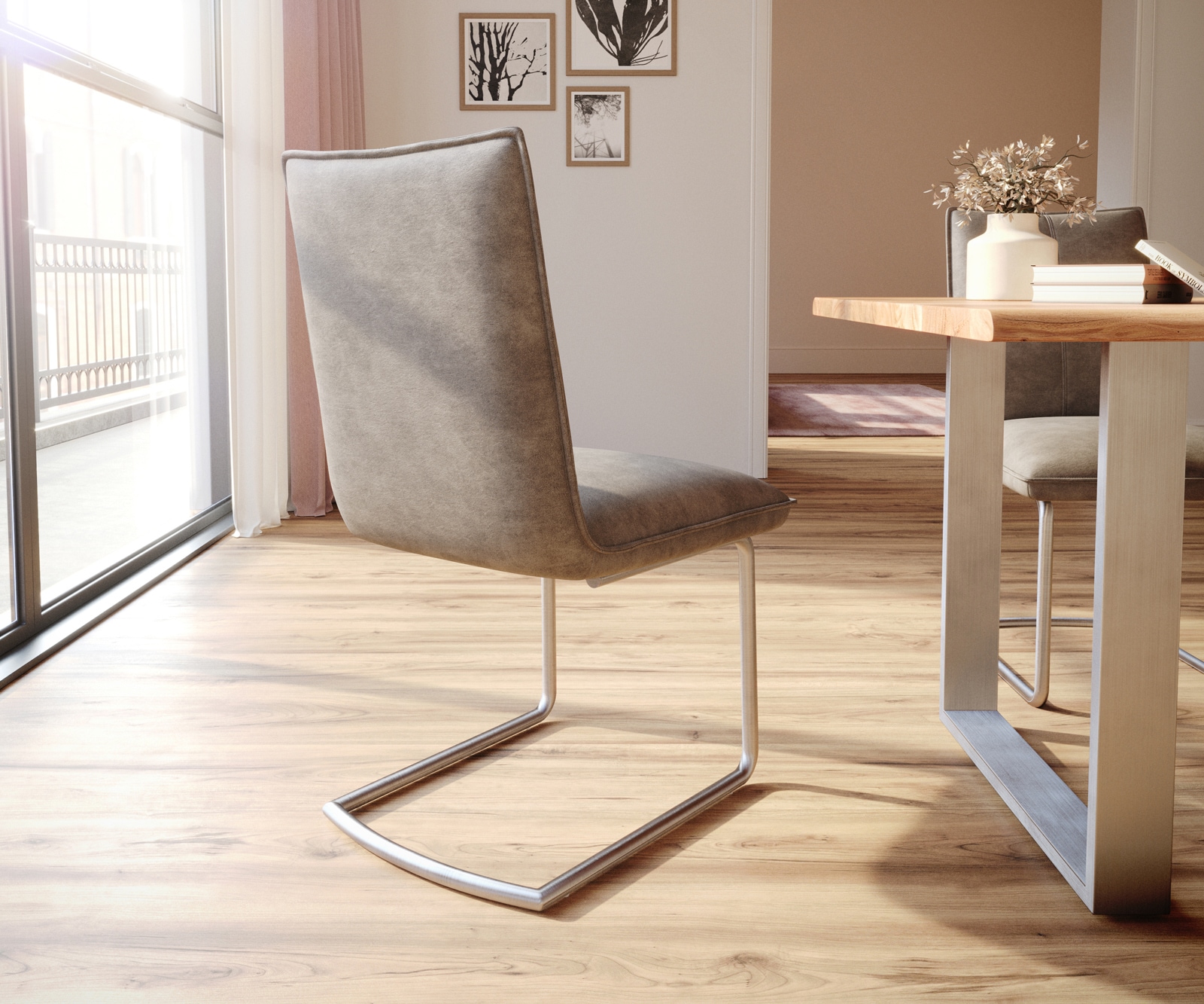 Cantilever Lelio-Flex microvelours taupe vintage pied cantilever rond acier inoxydable brossé ressorts ensachés 5