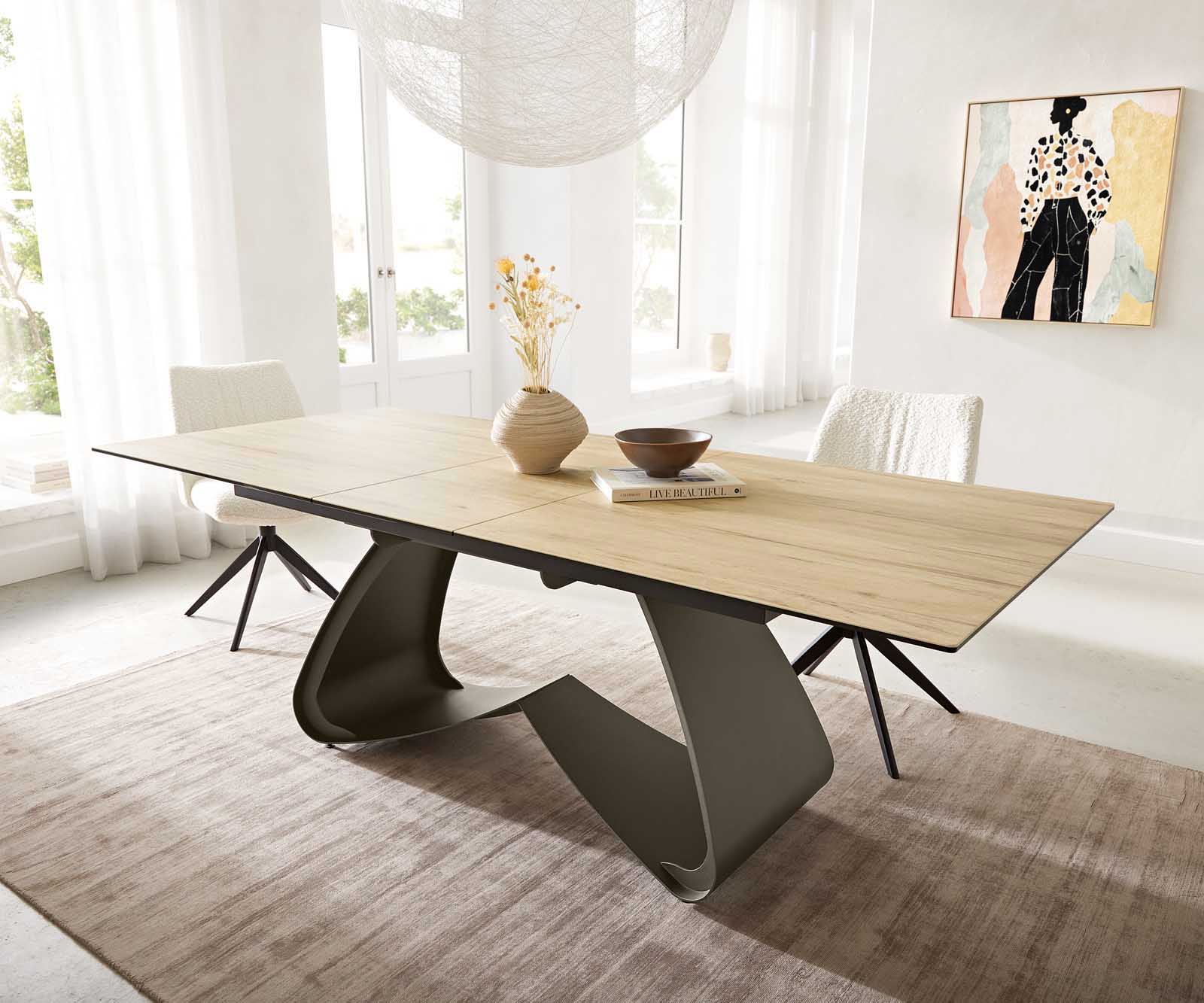 Esstisch Edge 180-220x100 Keramik Laminam® Sabbia Eichefarbig W-Gestell Effektfinish Titan Ausziehbar 2