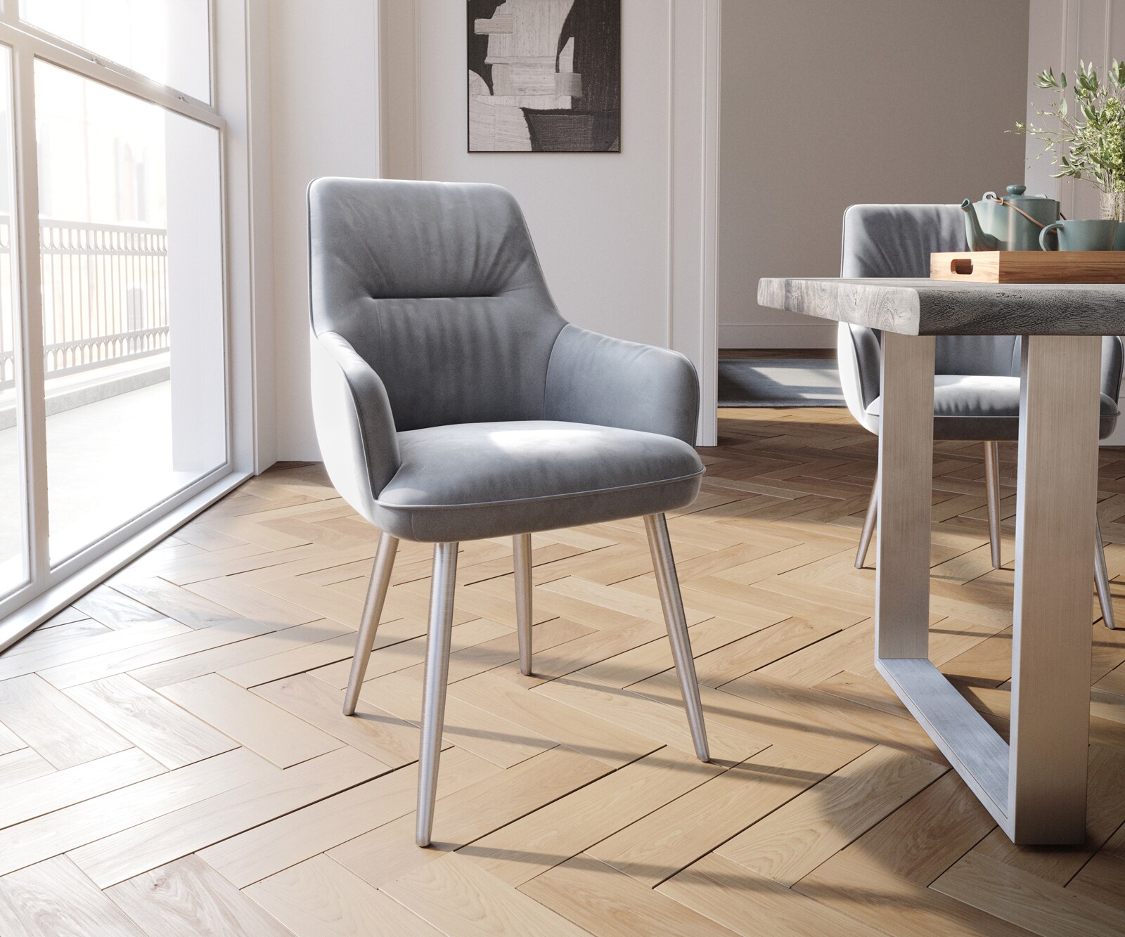 Chaise-de-salle-à-manger Zelia-Flex avec accoudoirs velours gris 4 pieds coniques acier inoxydable brossé ressorts ensachés 1