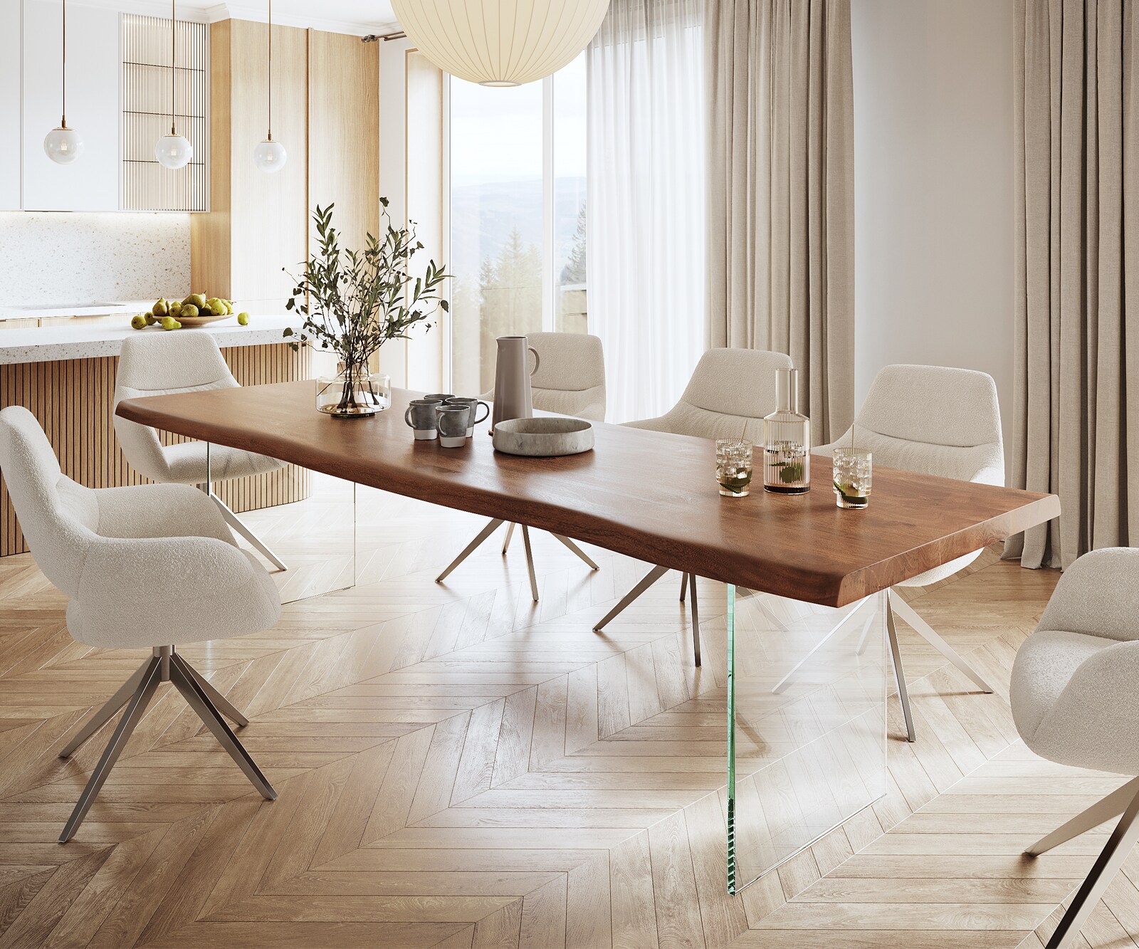 Table à manger Edge 300x100 XL acacia marron verre Live-Edge 1