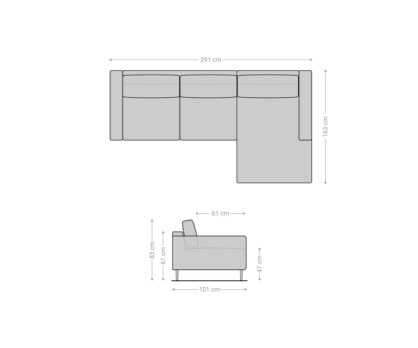 Canapé-d'angle Sottil 290 x 165cm chenille gris Recamière droite 5
